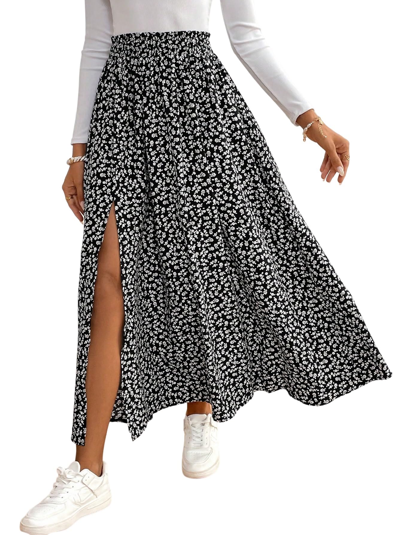 GORGLITTER Damen Rock Langer Sommerrock Boho Midirock mit Schlitz Blümchenmuster Röcke Hohe Taille Blumenrock Casual Freizeitrock Locker Strandrock