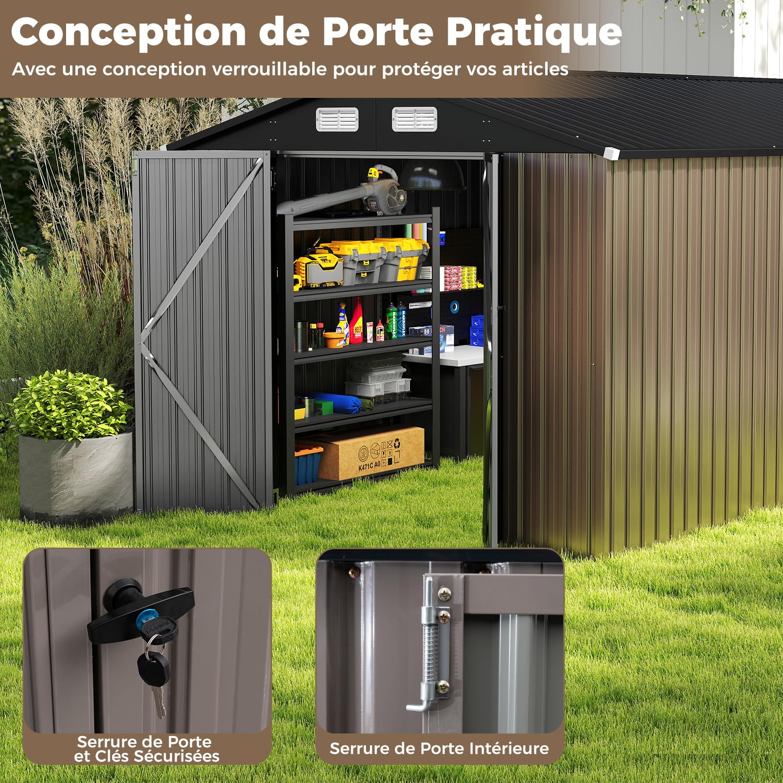 COSTWAY Abri de Jardin Métal 7.8 m², Toit Double Pente, Double Porte Verrouillable avec Clé, 4 Aérations, Cabane de Jardin Exterieur pour Vélo, Poubelle, Outil, Anthracite (7.8 m²)