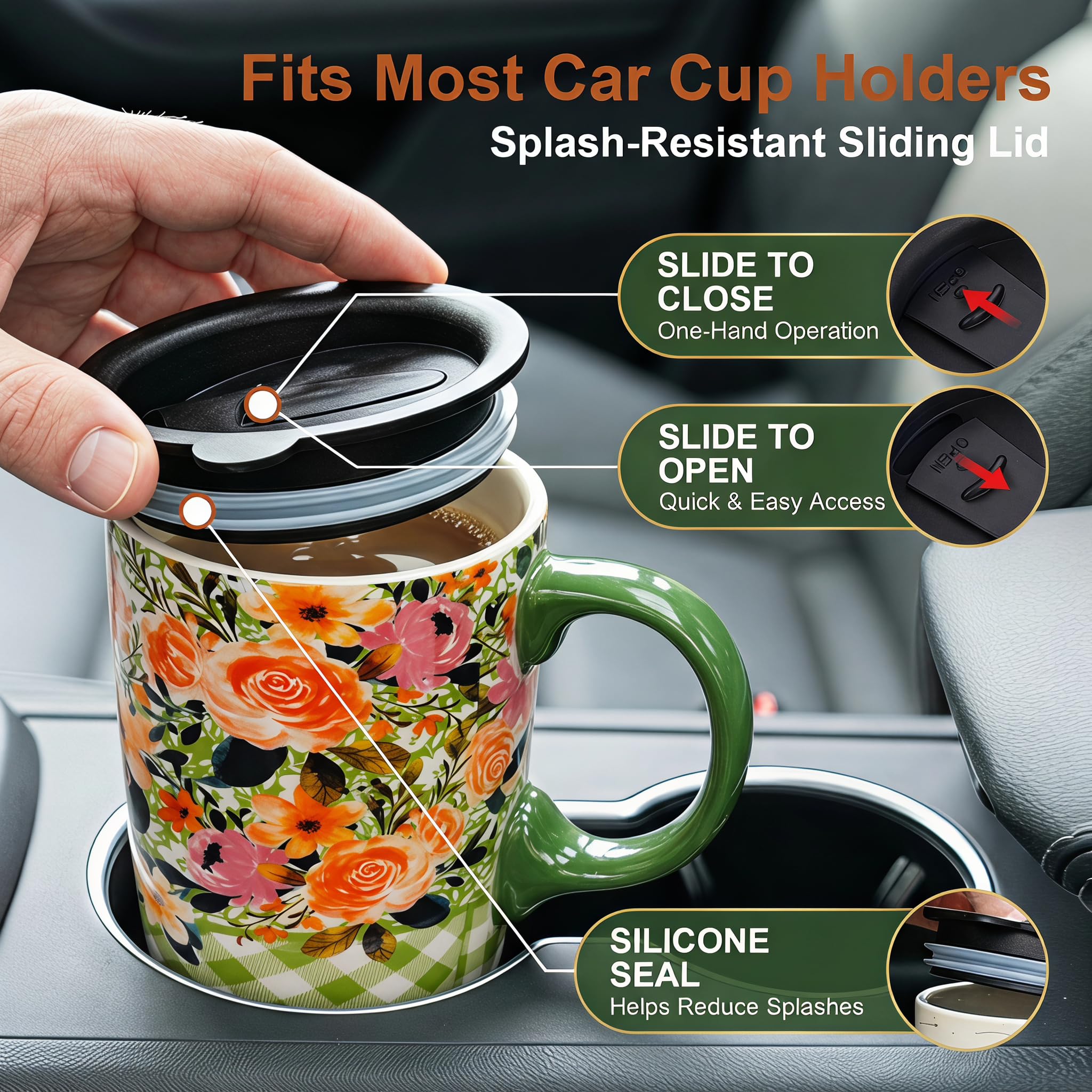 DUSVALLY Taza de café de cerámica para oficina y hogar, pintada única con taza, taza de flores, tazas grandes de 17 onzas, verde