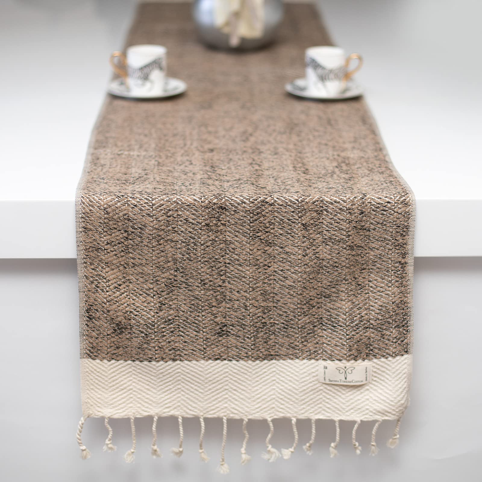 SMYRNA TURKISH COTTONHerringbone Series Turkish Table Runner | 15 x 90 Inches | Vintage Farmhouse Style Table Runners for Bohemian Wedding Decorations (Latte, 15x90)