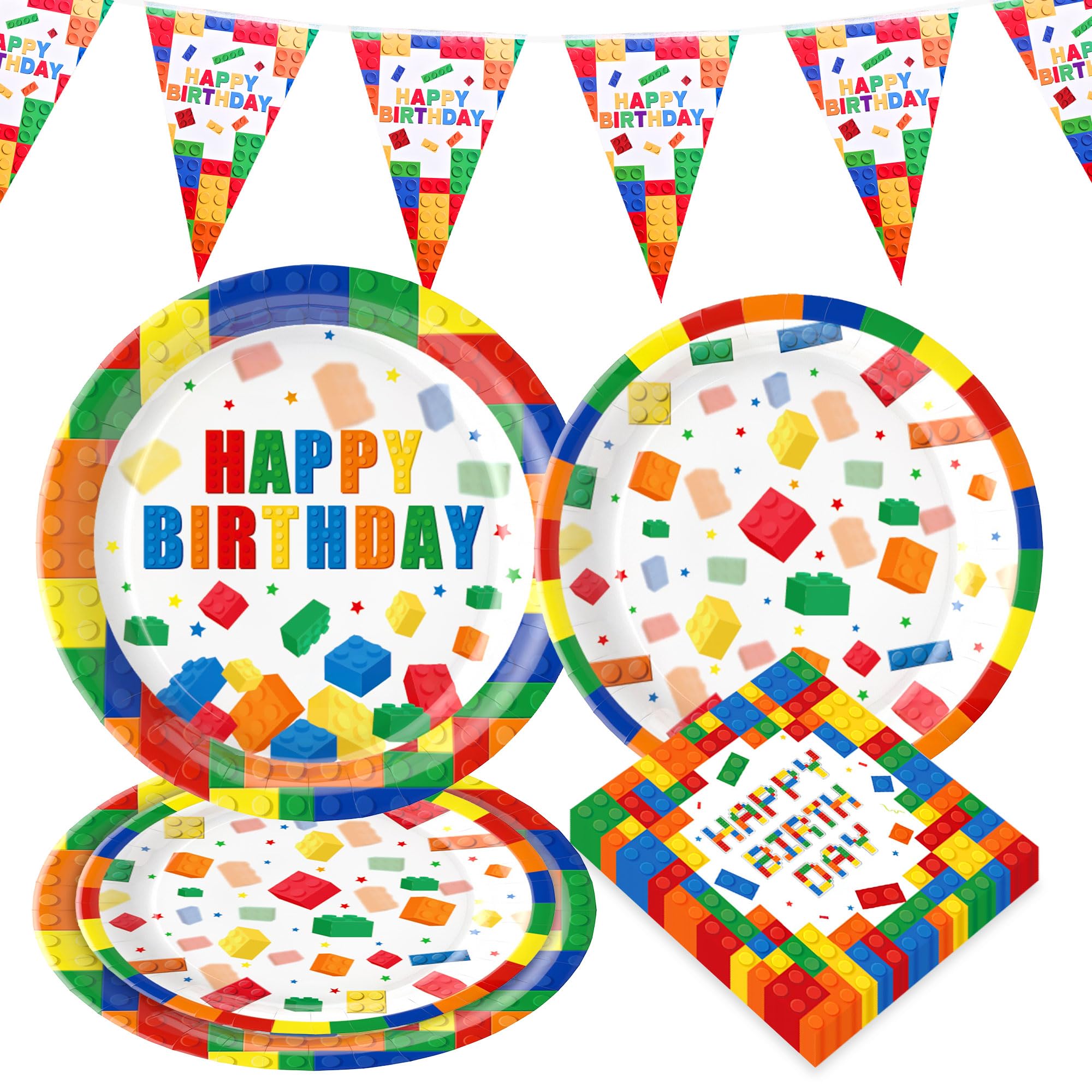 Building Blocks Party Tableware Paper Party Dinnerware Birthday Plates Napkins Blocks Birthday Banner Garland for Party Supplies for 16 Guests