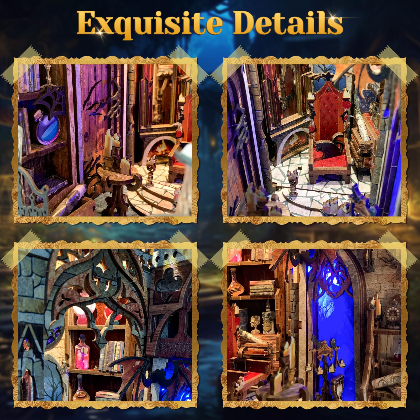 RONSTONE Book Nook Kit - Casa Delle Bambole in Miniatura con Luce LED - Castello al Chiaro di Luna Puzzle 3D in Legno Fermalibri Inserto per Libreria