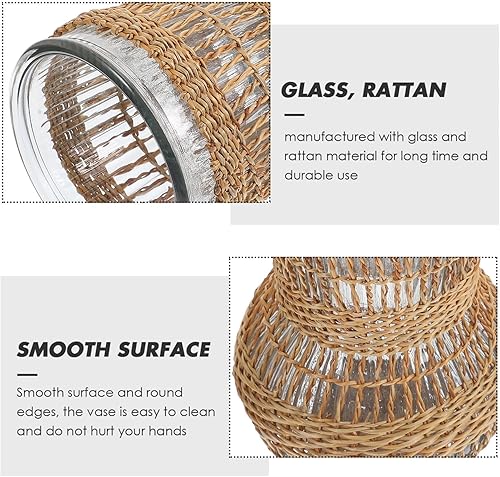 Miniatura 4 de HOMSFOU Maceta rústica de vidrio náutico, florero vintage con cubierta tejida de ratán, maceta de granja, jarrón hidropónico costero, centro de mesa