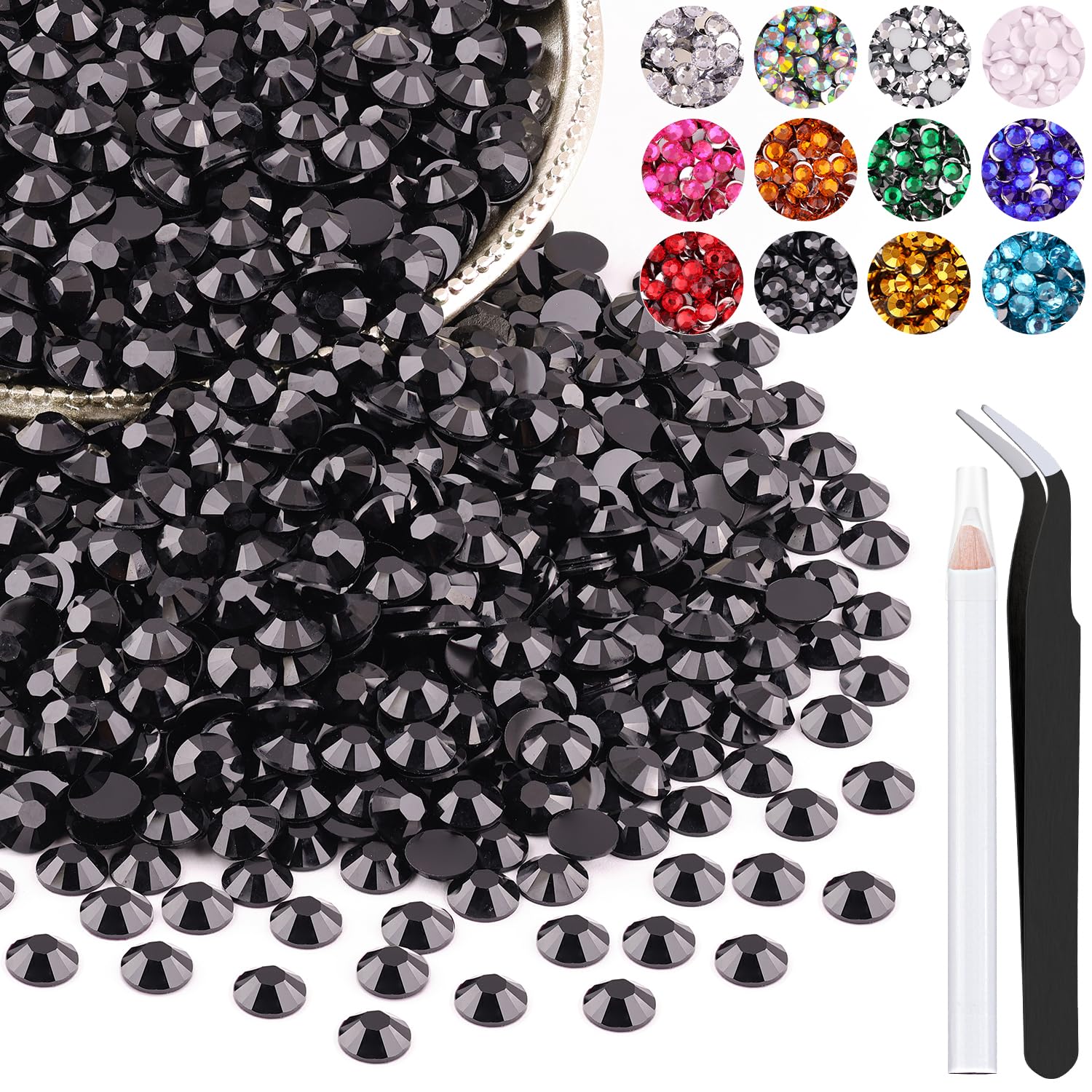2500PCS 5mm Resin Rhinestones in Bulk (Black), Bedazzling Flatback Crystals for Crafts DIY Nail Decoration, Gems Charms for Tumbler Shoes Clothing Fabric with Pickup Pen and Tweezers