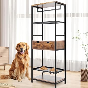 Dog Feeding Station, 3 Height Adjustable Raised Dog Bowls, Dog Feeder Station for Large Medium Dogs Cats, Dog Storage with Shelves