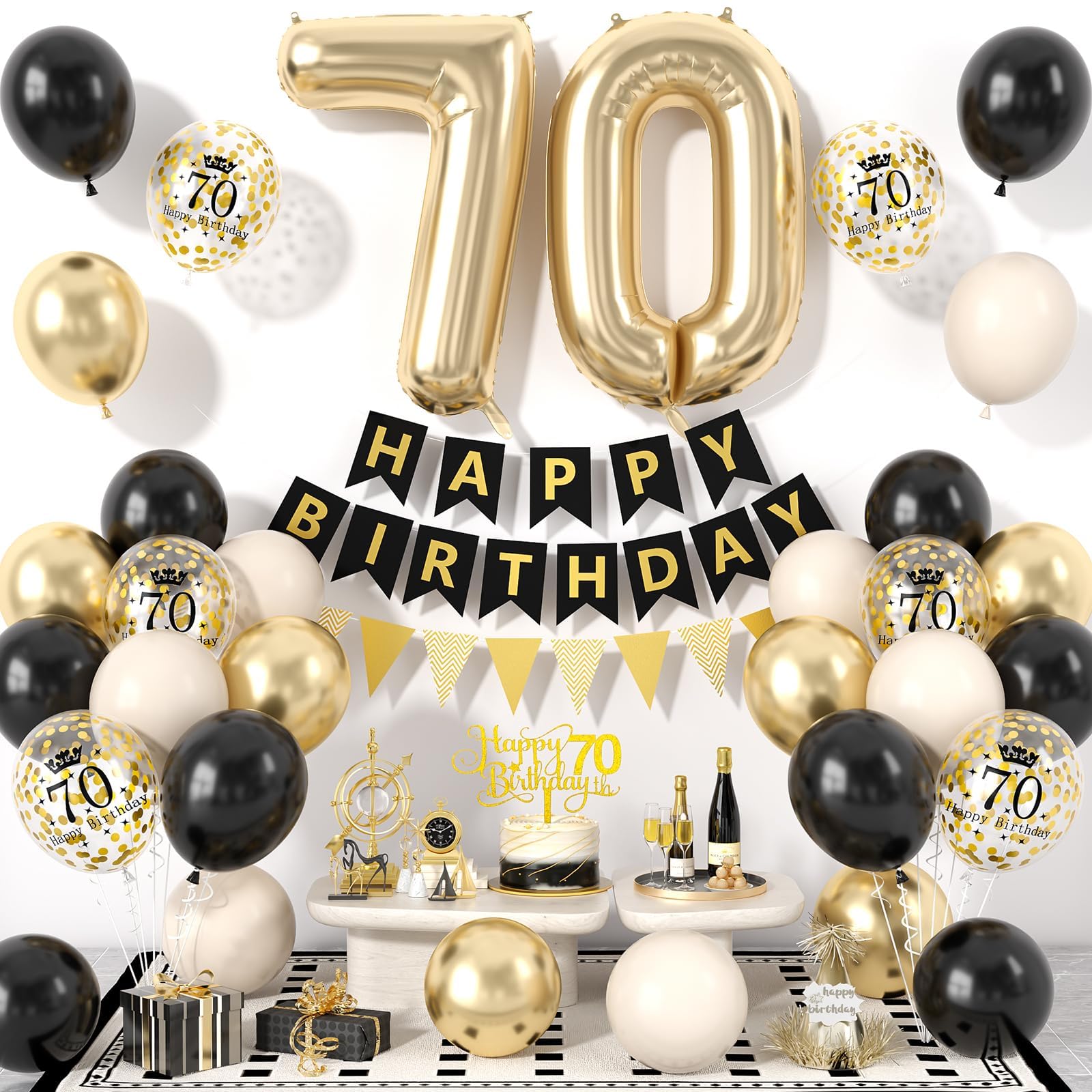 70th Birthday Decorations Black Gold for Men Women,Happy Birthday Banner with Cake Toppers,Confetti Balloons,Number 70 Balloons for 70 Years Old Party