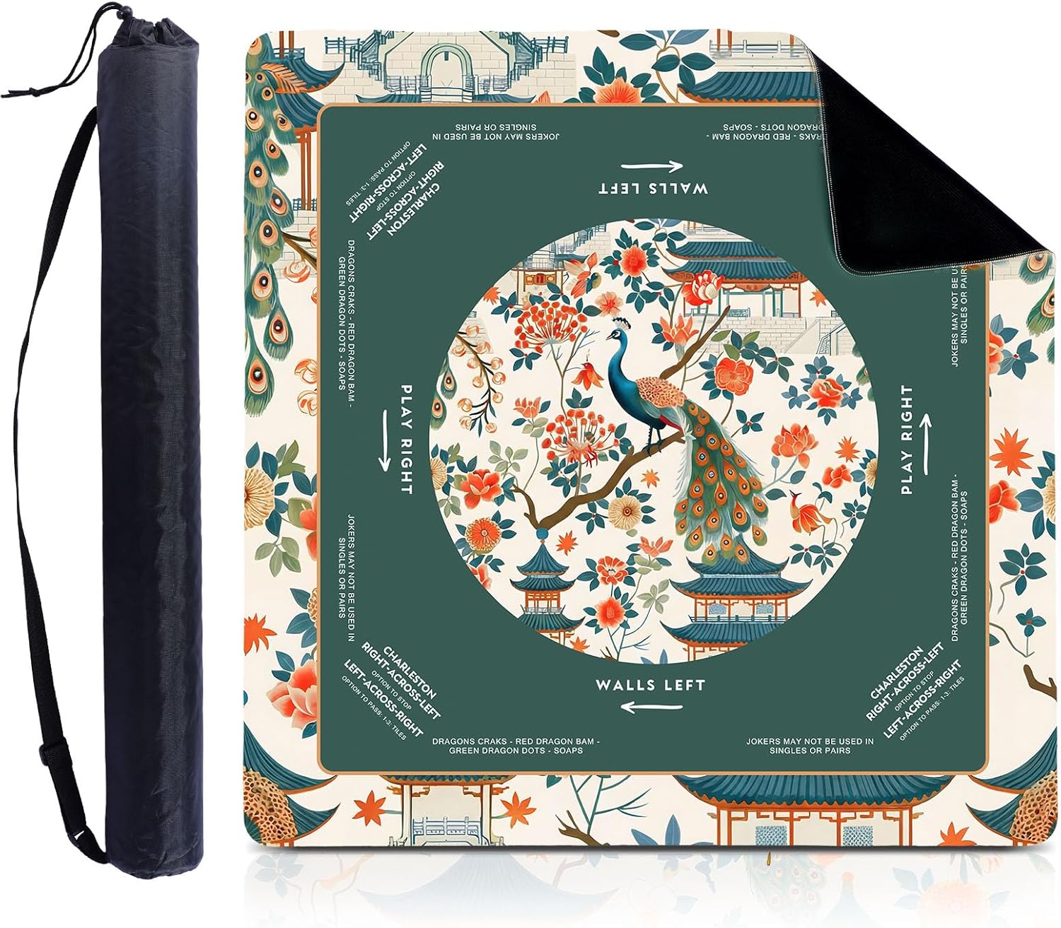 1 Pcs Mahjong Table Mat Floral Peacock, 33" x 33" Green Chinoiserie Peacock Mahjong Mat Non-Slip Noise Reduction Carrying Bag for Poker Board Card Games Dominoes, Ships Rolled(Vintage)