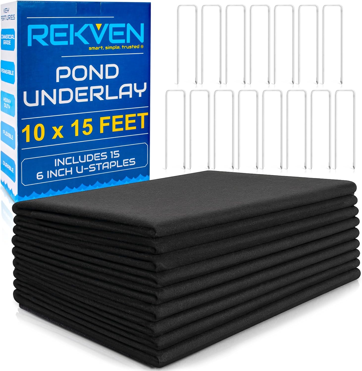 Pond Liner Underlayment - 10 x 15 Feet - Non Woven Geotextile Landscaping Fabric with 15 U-Pin Garden Staples - Perfect Padding for Fish Koi and Preformed Ponds Fountains Waterfalls