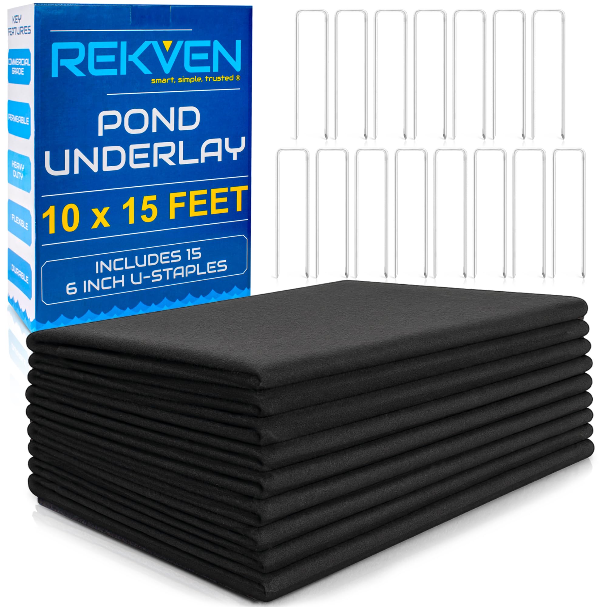 Pond Liner Underlayment - 10 x 15 Feet - Non Woven Geotextile Landscaping Fabric with 15 U-Pin Garden Staples - Perfect Padding for Fish Koi and Preformed Ponds Fountains Waterfalls