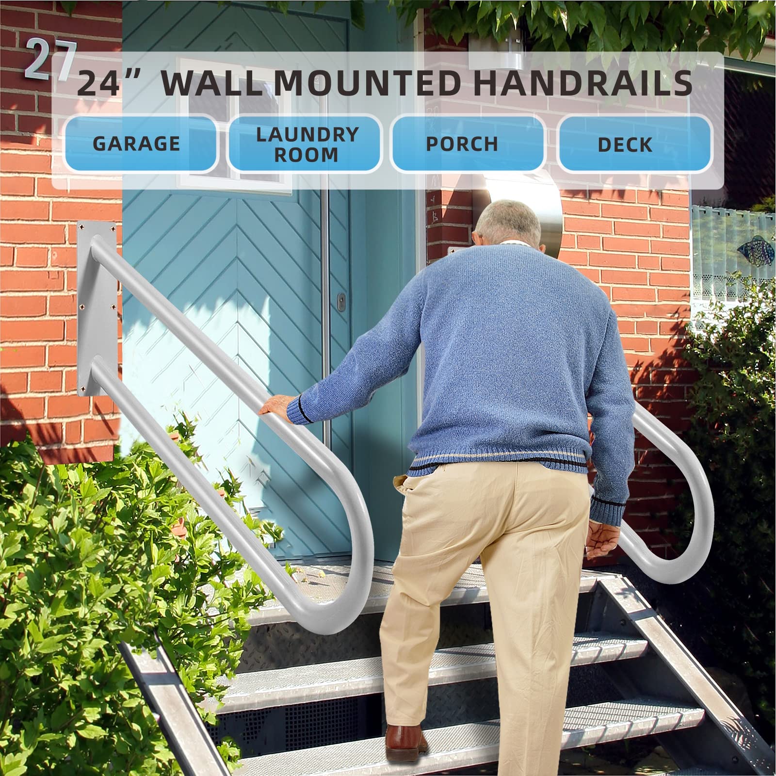 RVFuionm 2 Pack 24" Handrails for Outdoor Steps,Safety Wall Mount handrail for 1-3 Steps into Garage, Porch, Garden,Grey