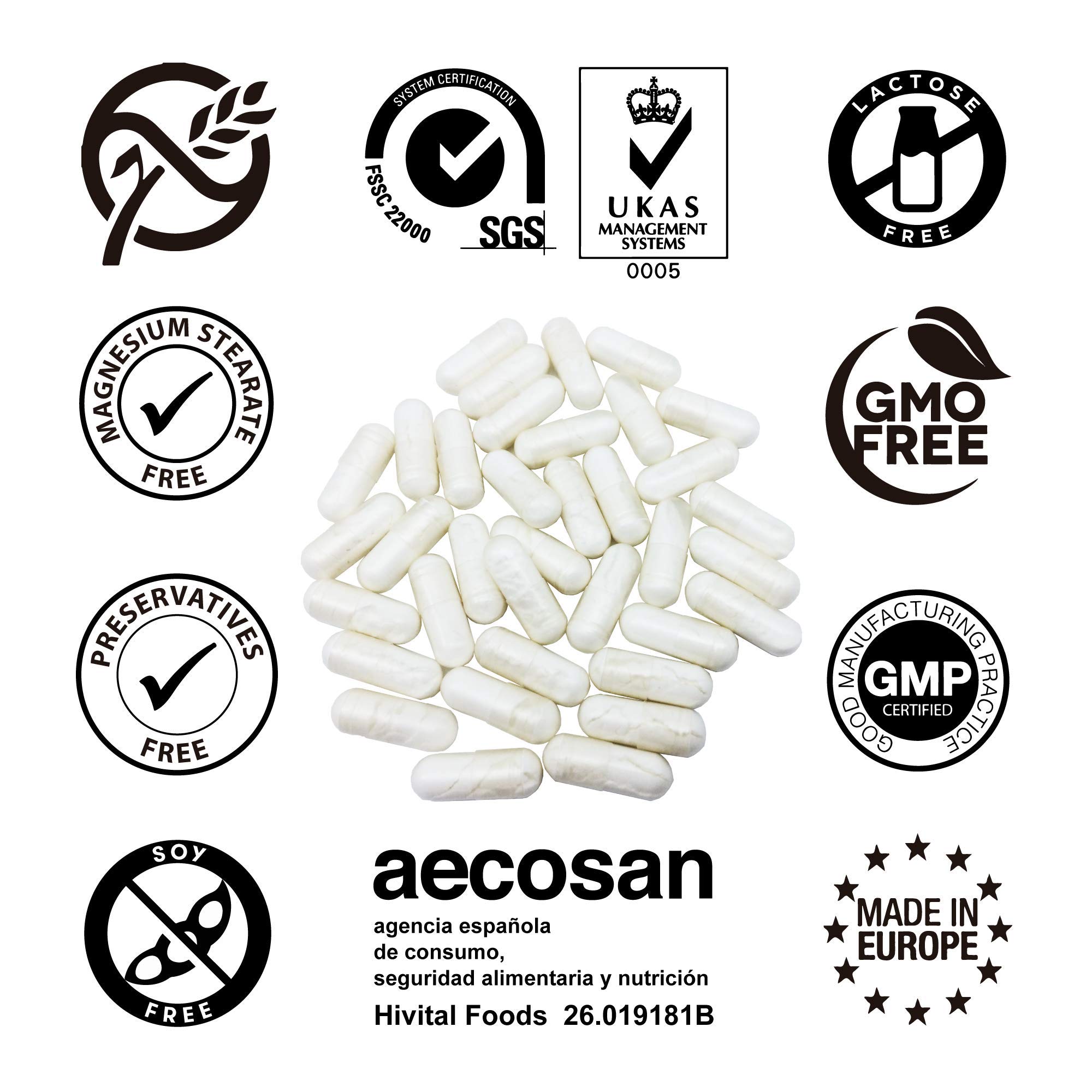 Collagène Marin avec Acide Hyaluronique, Coenzyme Q10, Vitamine C et Zinc. 180 gélules pour 3 mois de traitement. 900 mg de peptides de Collagène Marin Hydrolysé. Fabriqué en Europe par HIVITAL