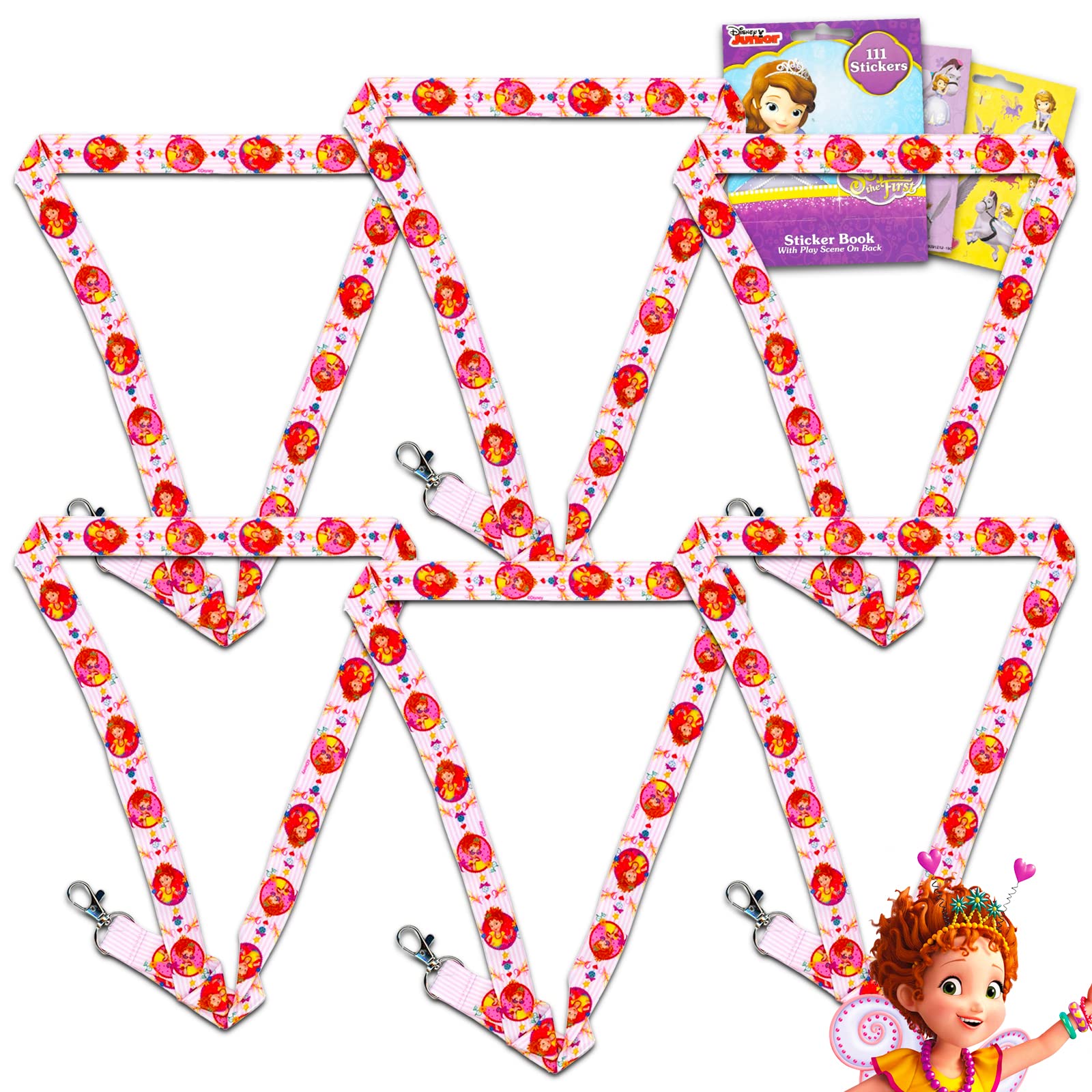 Fancy Nancy Lanyard Set - Fancy Nancy Party Favors Bundle with 6 Lanyards with Clip Plus Sofia the First Stickers (Disney Junior Party Supplies)