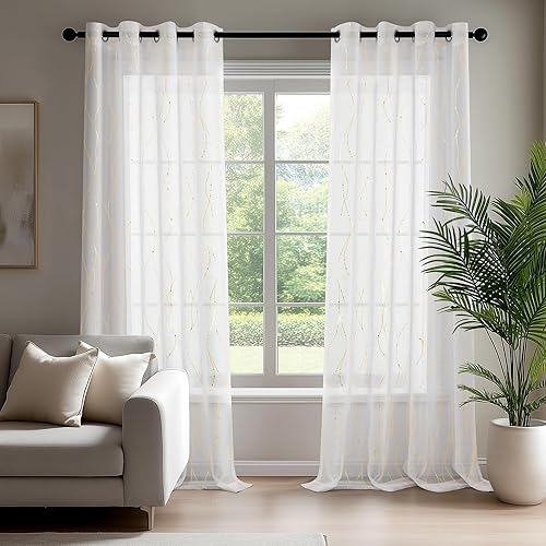 Miniatura 2 de Cortinas Deconovo finas con vuelo y diseño de estampado de líneas onduladas y motas plateadas, con aspecto a lino, con ojales en la parte de arriba,