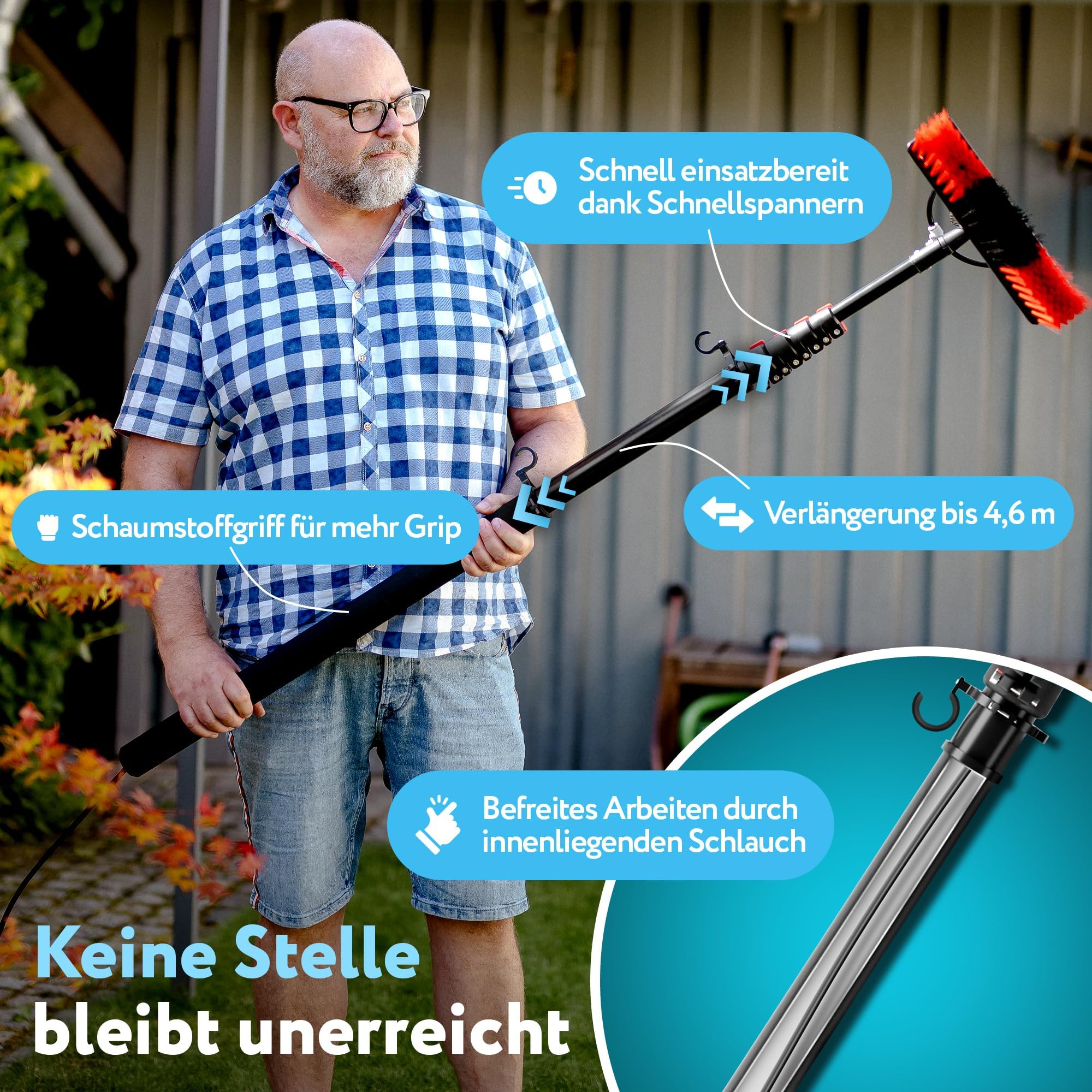Teleskop Waschbürste 4,6 m Set mit Wasseranschluss & Abzieher | Verstärkter Aluminium-Teleskopstiel, Aufbewahrungshaken, Wasseranschluss & Seifenspender, Mikrofaserbezug & Abzieher