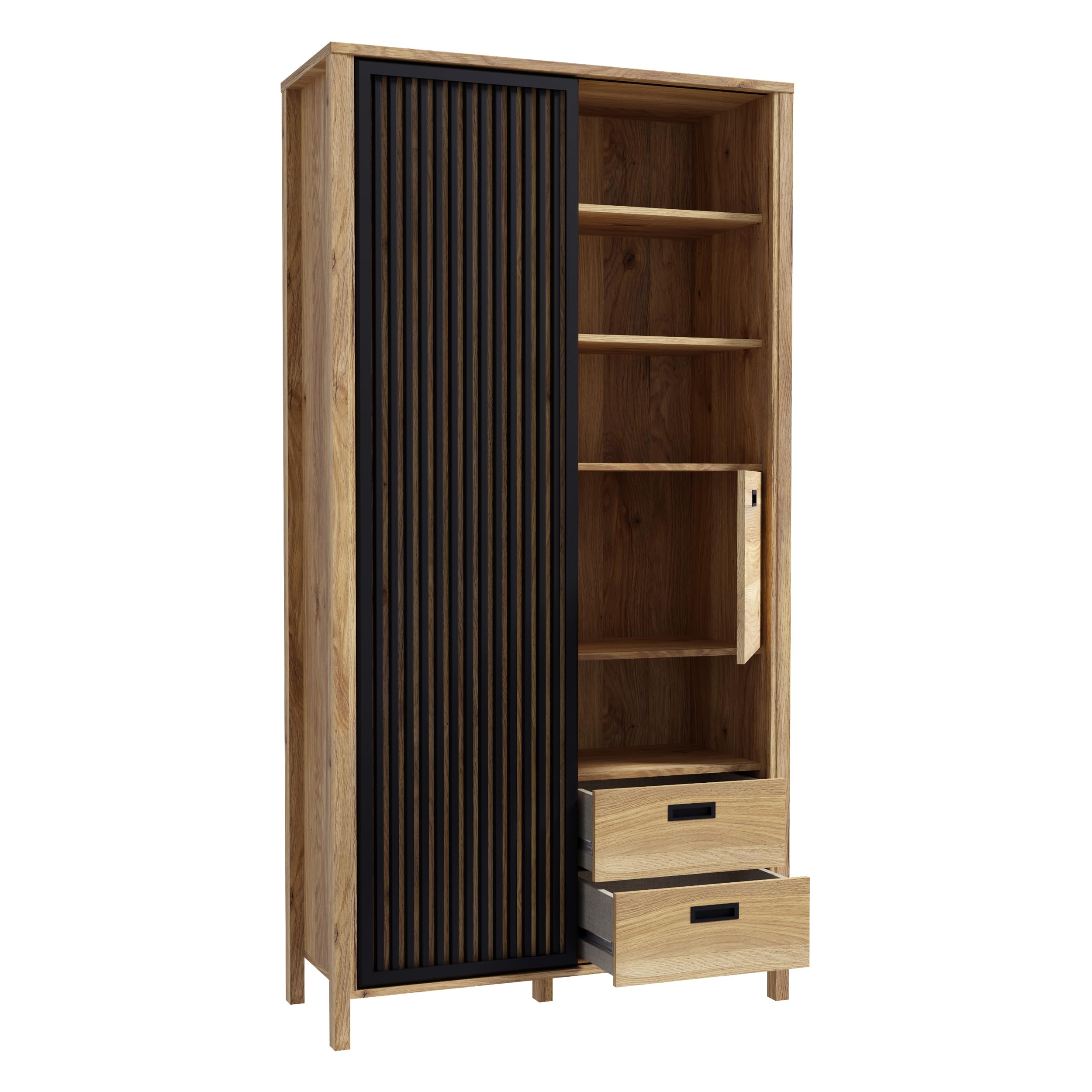 Forte JYTANA Schrank 100 105, skandinavischer Schrank mit 3 Schubladen, 2 Türen und 3 Regalfächern, Mauvella Eiche Holzdekor/Schwarz, 103,4 cm breit x 200,3 cm hoch x 40,2 cm tief