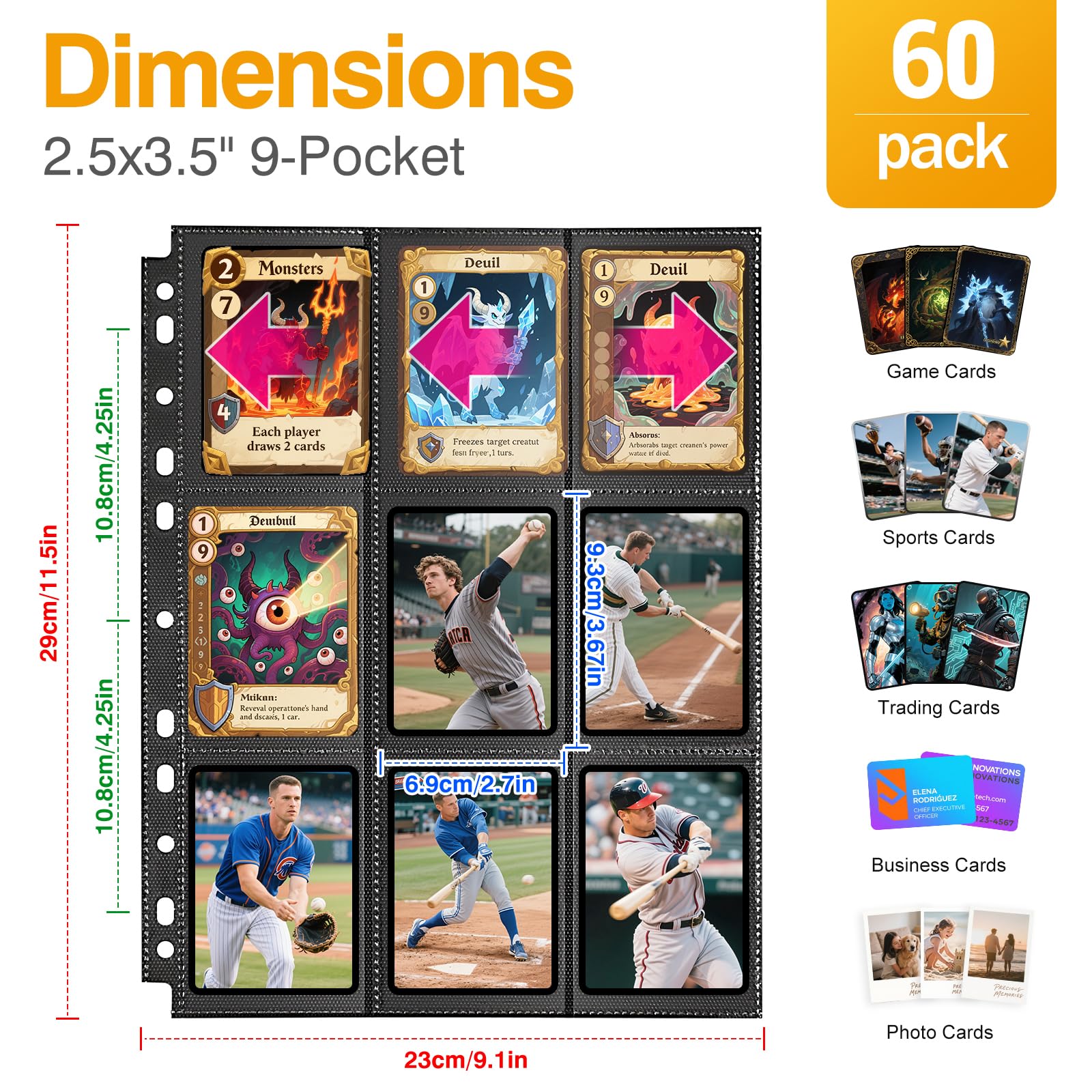 Paquete de 60 fundas para cartas coleccionables de 1080 bolsillos, color negro, fundas para cartas de juego de doble cara gruesas para carpetas de 3 anillas, protector de página de carga latera