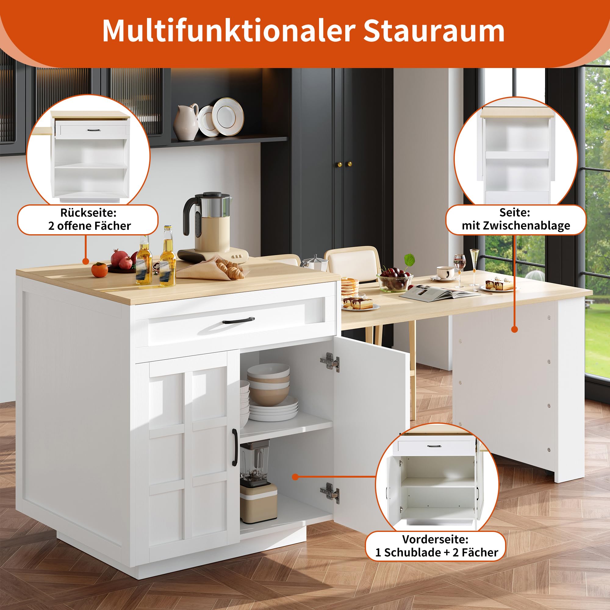 Bladez Isola cucina piano lavoro espandibile, tavolo da cucina allungabile 2-6 persone, tavolo bar con ripiani laterali e cassetti, penisola cucina, angolo bar, nero