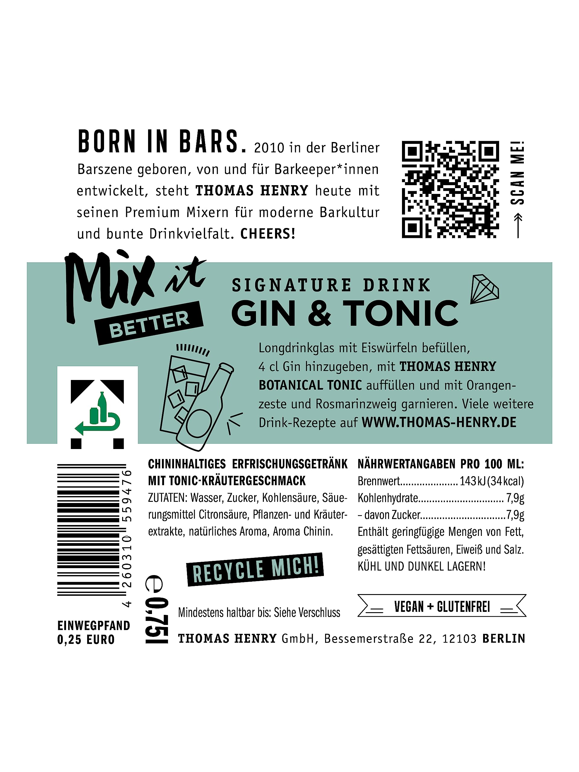 Thomas Henry Botanical Tonic Water - aufregend mild - EINWEG, 6 x 750ml