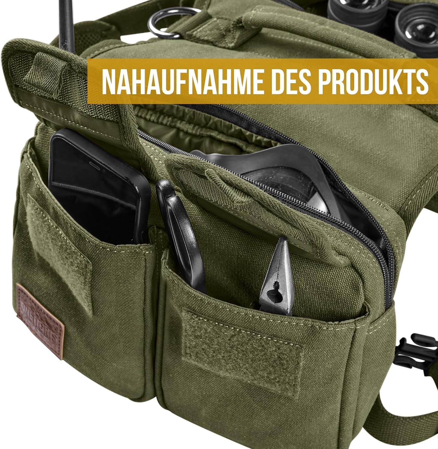 OneTigris Hundegeschirr mit Tasche, Hoppy Camper 3.0 Camping Wandern Hunderucksack für für Mittlere/Große Hunde, Rucksack für Hunderücken 2 Haupttaschen 4 Nebentaschen - Grün M