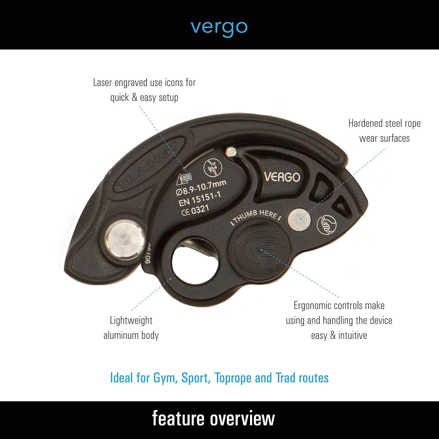 TRANGO Vergo Rock Climbing Belay Device & React Screwlock Locking Carbiner Package, Black : Sports & Outdoors