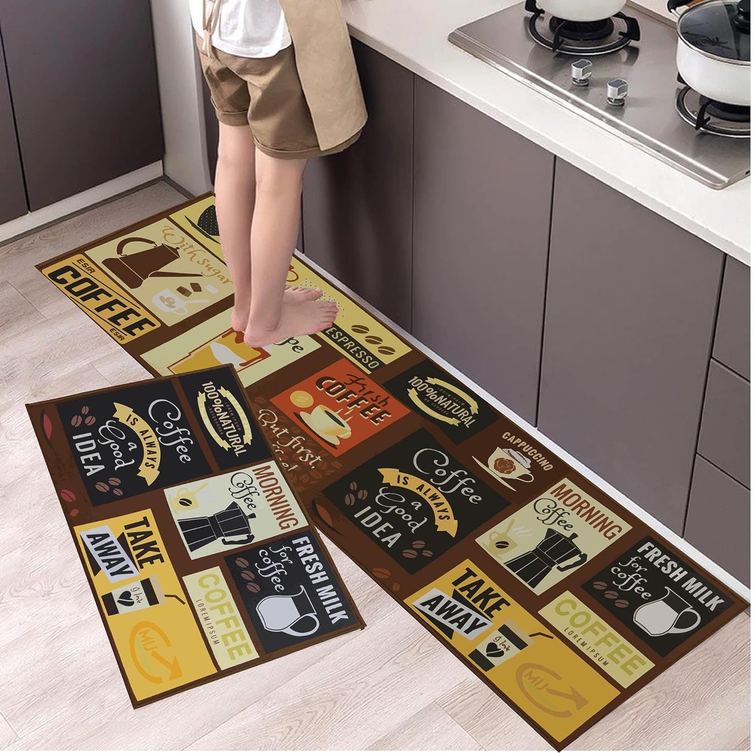 MIJ Kitchen Rewashable Rugs, 2 Pieces, 40x60 + 40x120cm (Brown)