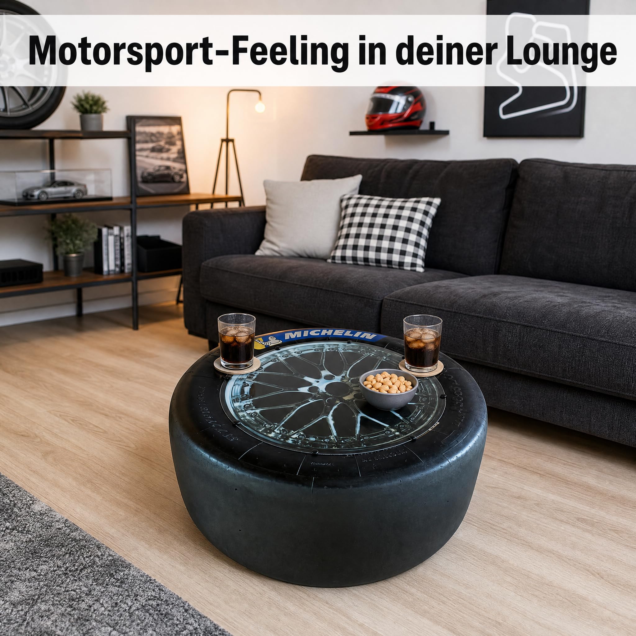 [ORIGINAL Reifen] Reifen Tisch mit PC Platte | Orginalreifen aus DTM, GT Masters & LMP Serie Rennreifen Tisch mit echten Gebrauchspuren | Motorsport Geschenk für Männer & Frauen | Originaler Rennslick als Upcycling-Unikat mit PC-Tischplatte – das ausgefal