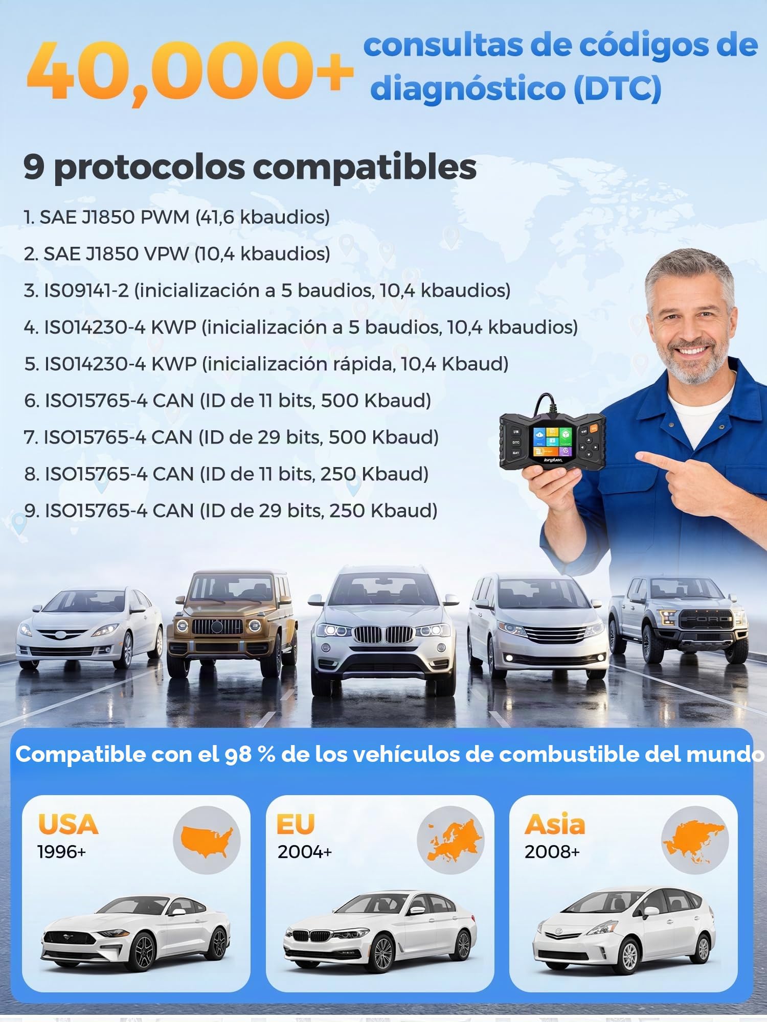 OBD2 Diagnosis Coche Multimarca OBD: Scanner Máquina Coche Diagnóstico Vehículos con Prueba de batería - Español Escaner Lector de Código Fallos Motor Autos OBDII Funciones para BMW Audi Mercedes