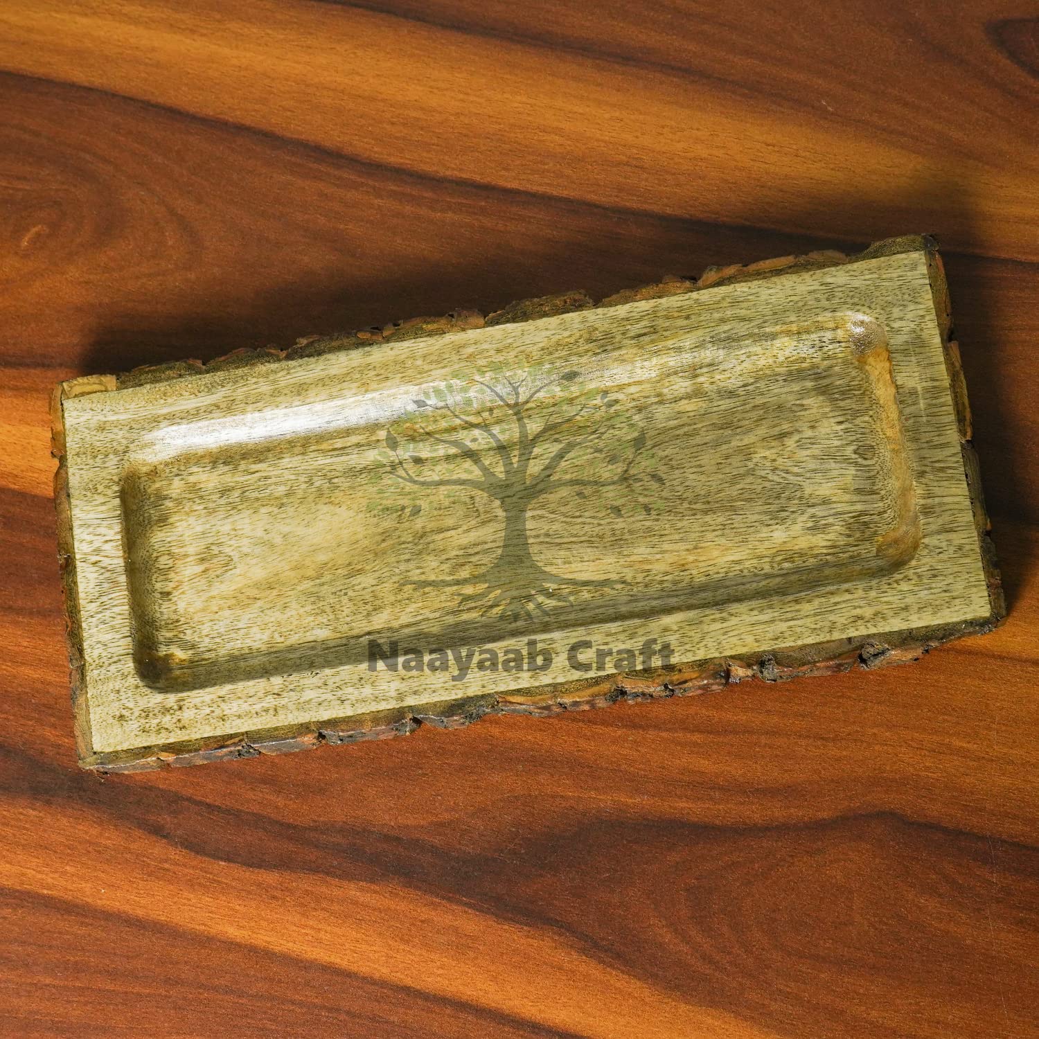 Naayaab Craft Mango Wood Tray, Multipurpose Handmade & Handcrafted Serving Tray, Rectangular Wooden Nested Platter - Size (37 x 17 x 2.5cm) 4