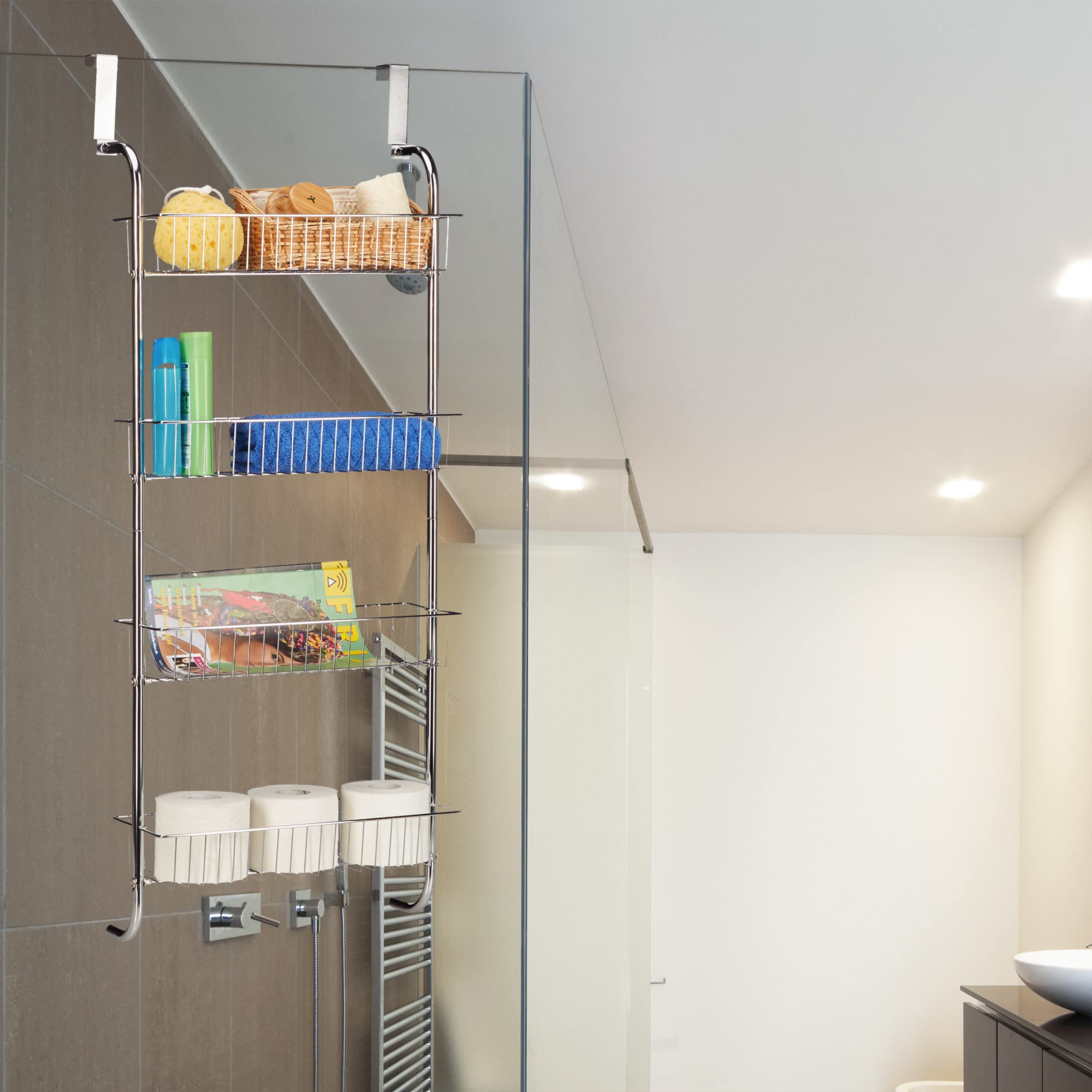 Relaxdays Estantería de Pared para baño, Mueble de Ducha, Metal Cromado, para Colgar, 112x45x23 cm, 1 Ud., Plateado