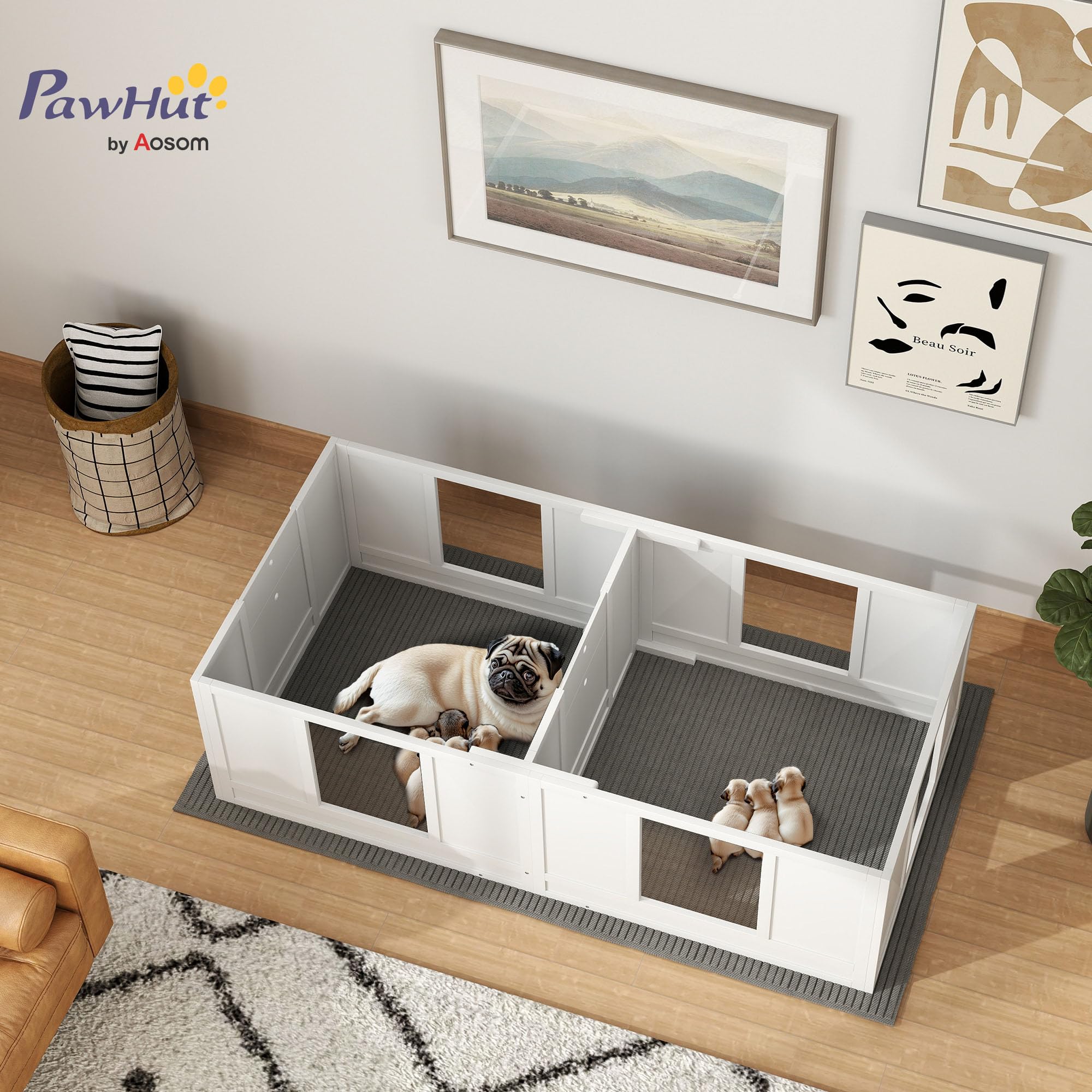 PawHut Wurfkiste für Welpen Wurfbox 2 Raum Kleine Hunde 164x80x48 cm Weiß | Welpenlaufstall, Hundelaufstall mit Tür, Welpenauslauf