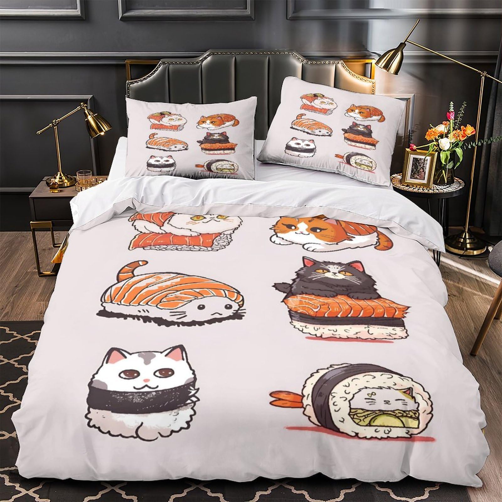 Housse de couette 135x200cm hypoallergénique et douce imprimé chat sushi 3D