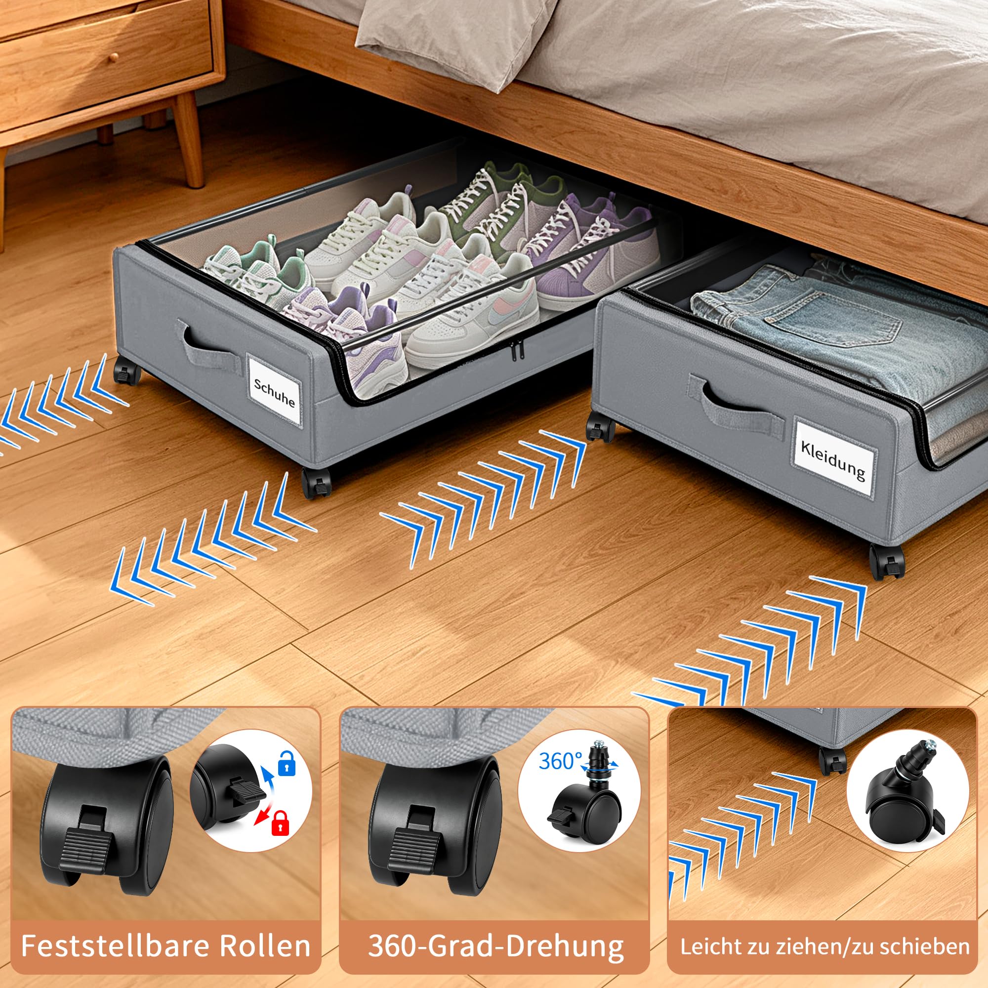 Unterbett Aufbewahrungsbox,2 Stück Unterbettkommode Transparente Obere,Grau