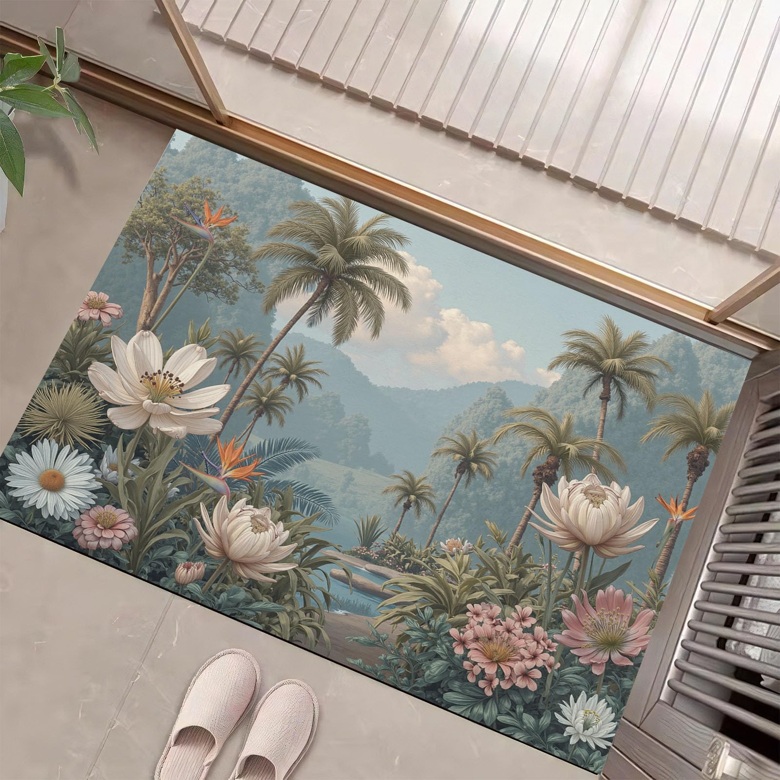 Paillasson Intérieur 80 x 120 cm Fleurs Oiseaux Tropicaux Vert