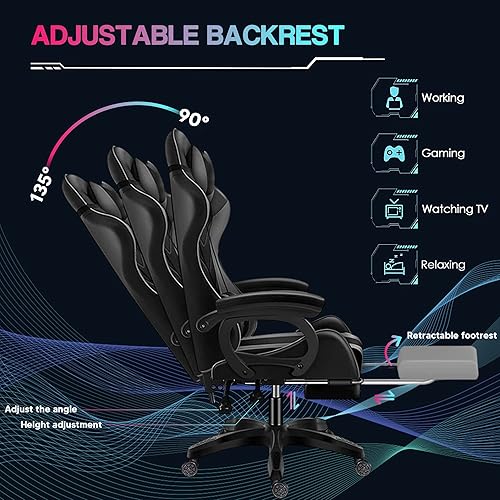 B0C4HBRJVJ_image_6 Silla LED para videojuegos, silla de juegos para computadora con altavoces Bluetooth y luces RGB, masajeador completo, silla giratoria reclinable,