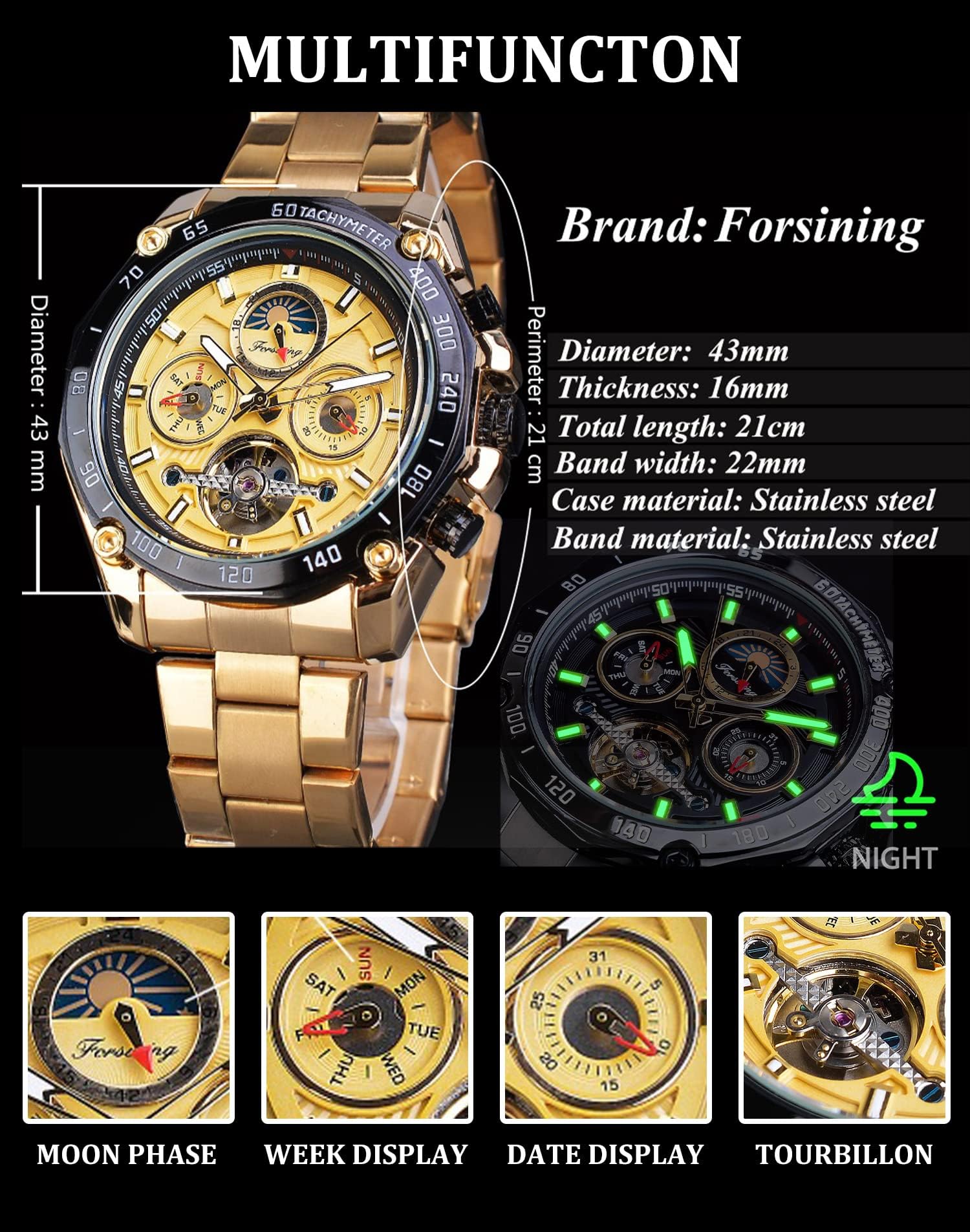 Forsining Tourbillon Herrenarmbanduhr, automatisch, mechanisch, selbstaufziehend, luxuriös, Mondphase, Edelstahl, 44 mm, großes schwarzes Zifferblatt, Goldfarben, Mechanisch