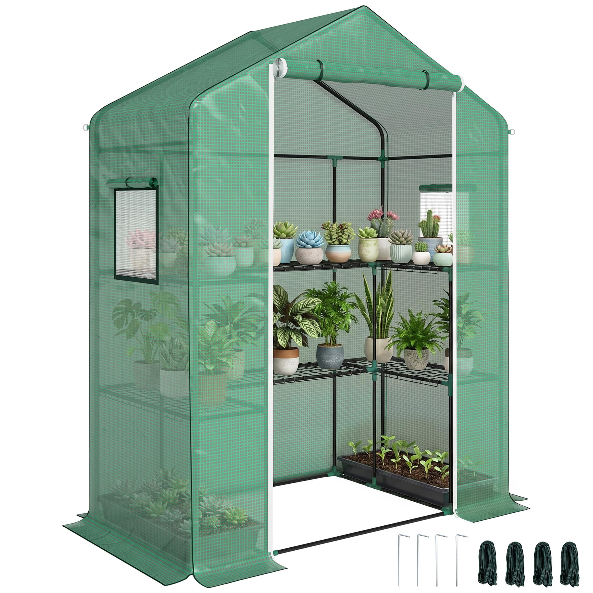 Outsunny Serre de Jardin PE avec Étagères 3 Niveaux 140x73x190 cm Vert | Serre de Balcon, Bâche Renforcée 135 g/m², Châssis en Acier, Porte Zippée Enroulable, pour Légumes Plantes Fleurs