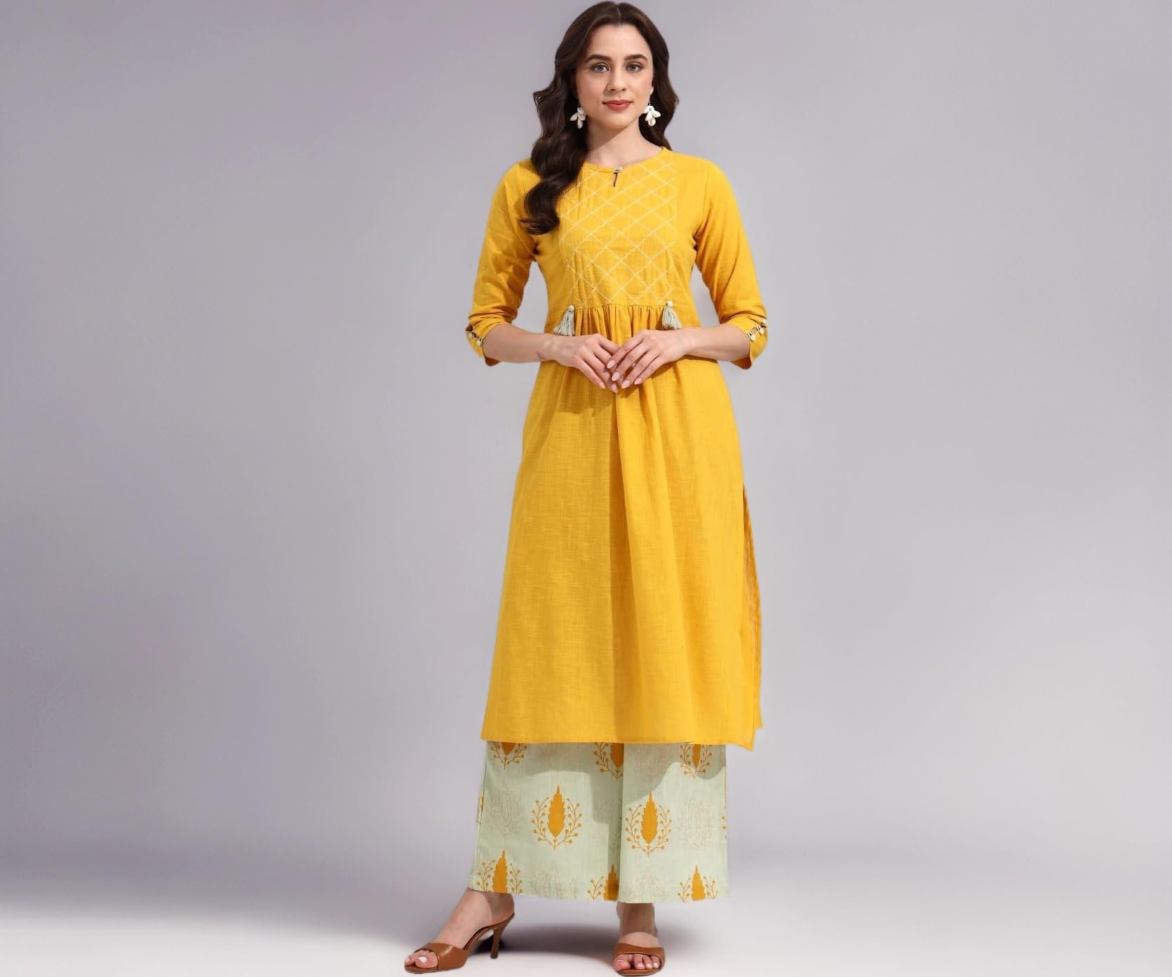 idaLia Cotton Straight Kurta Set for Women with Palazzo 3/4 Sleeve, Round Neck Designer Kurta with Palazzo Pant Set