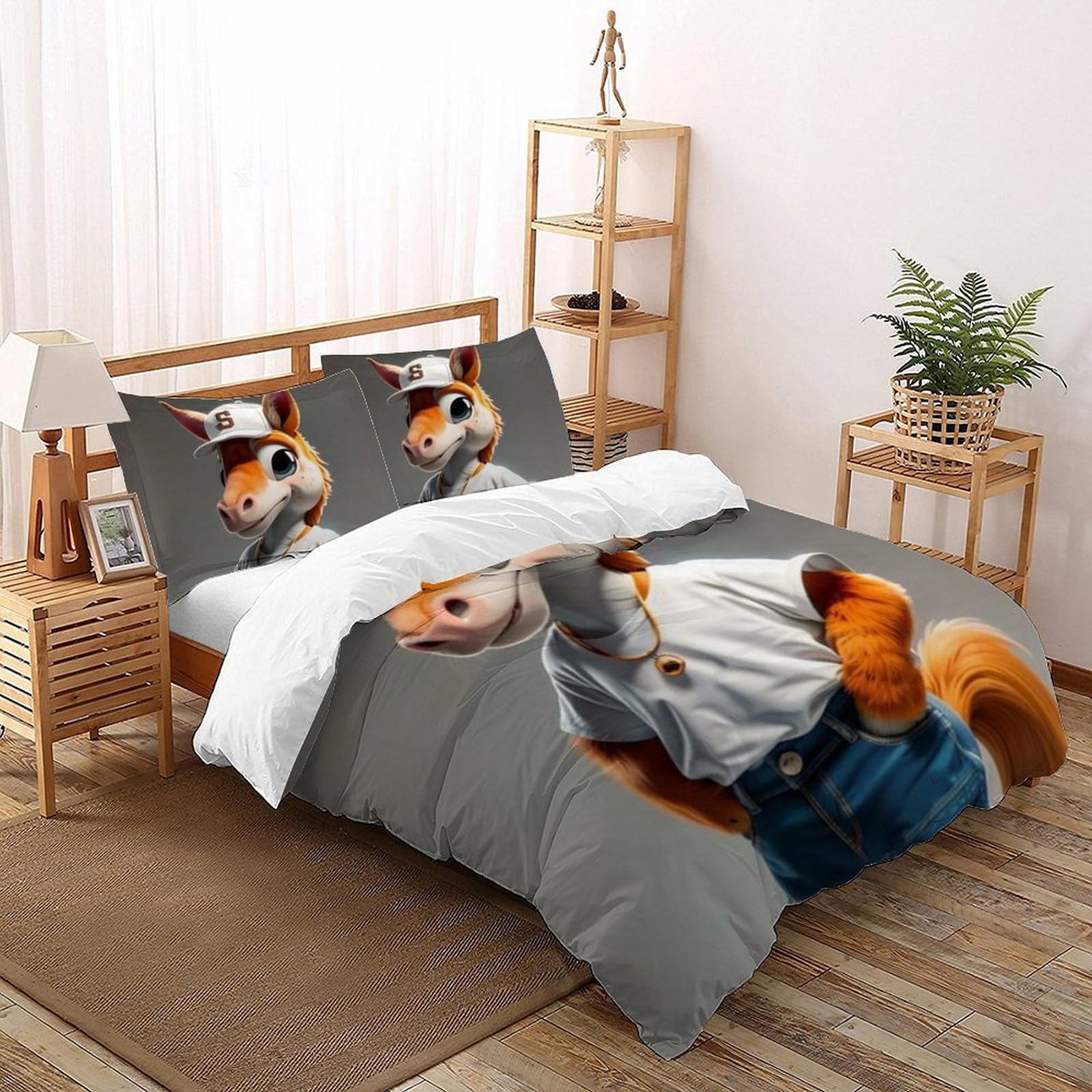 Housse de couette poney imprimé 3D microfibre Super King 260x220 cm avec 2 taies d'oreiller