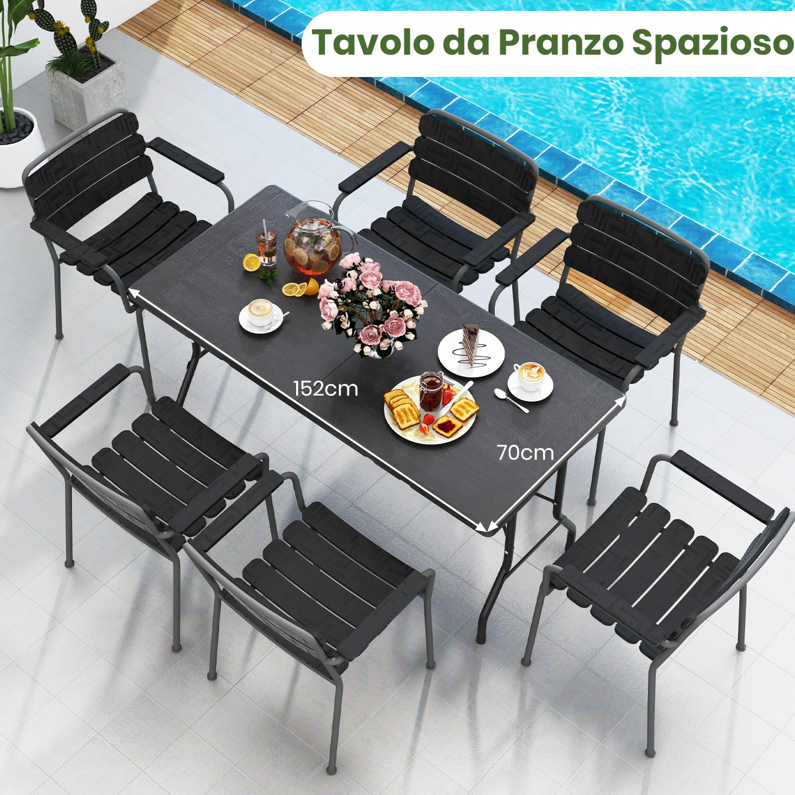 RELAX4LIFE Tavolo da Campeggio Pieghevole, Tavolino Portatile con Effetto Legno in HDPE e Struttura in Metallo, Tavolo da Picnic per Esterni, Escursioni e Barbecue, 152 x 70 x 74 cm, Nero