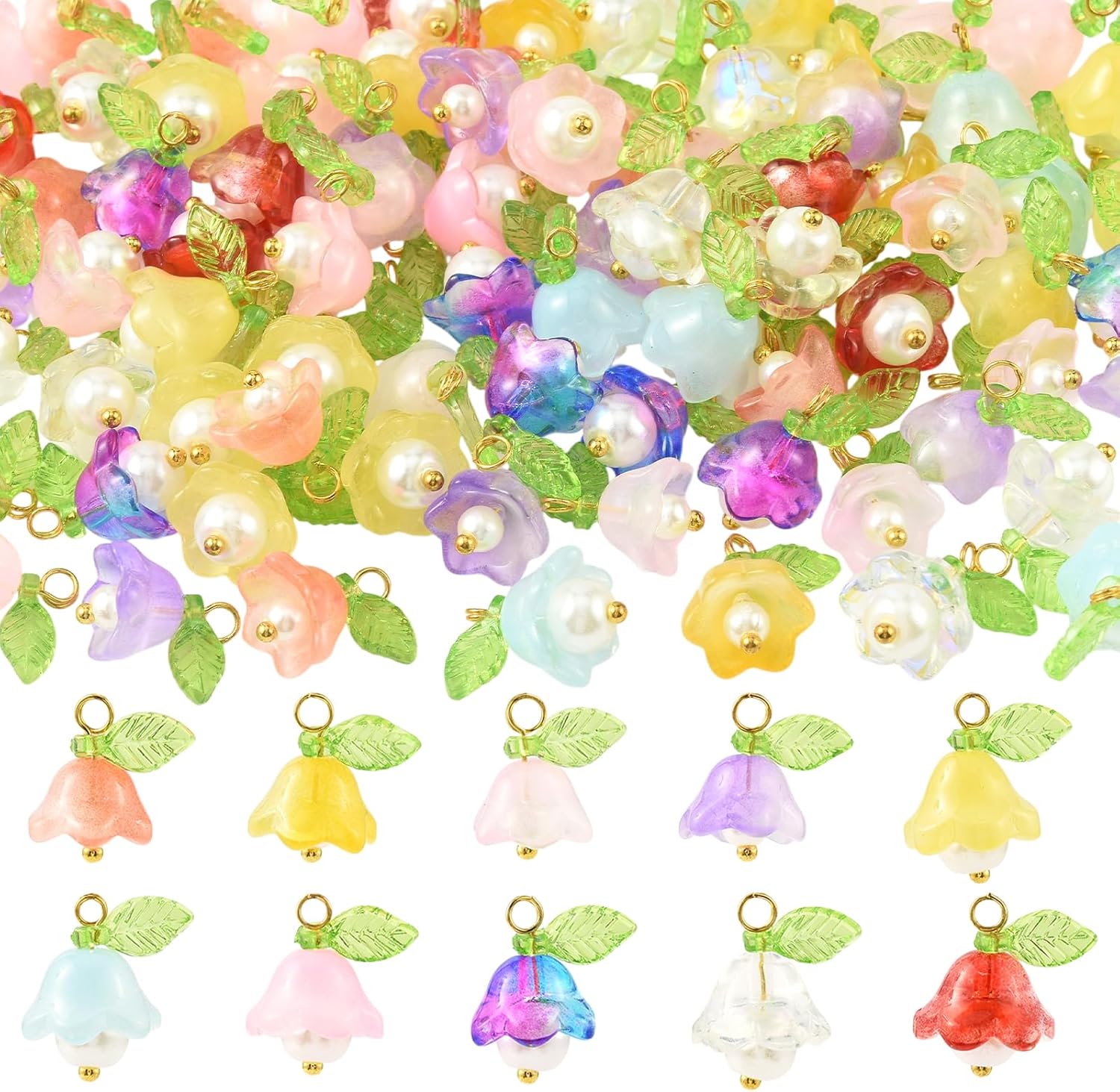 100Pcs Flower Charms for Jewelry Making Bulk Small Cute Glass Acrylic Pearl Charms 10 Colors Floral Pendants with Leaf Beads for Necklace Bracelet Earrings Keychain DIY Supplies
