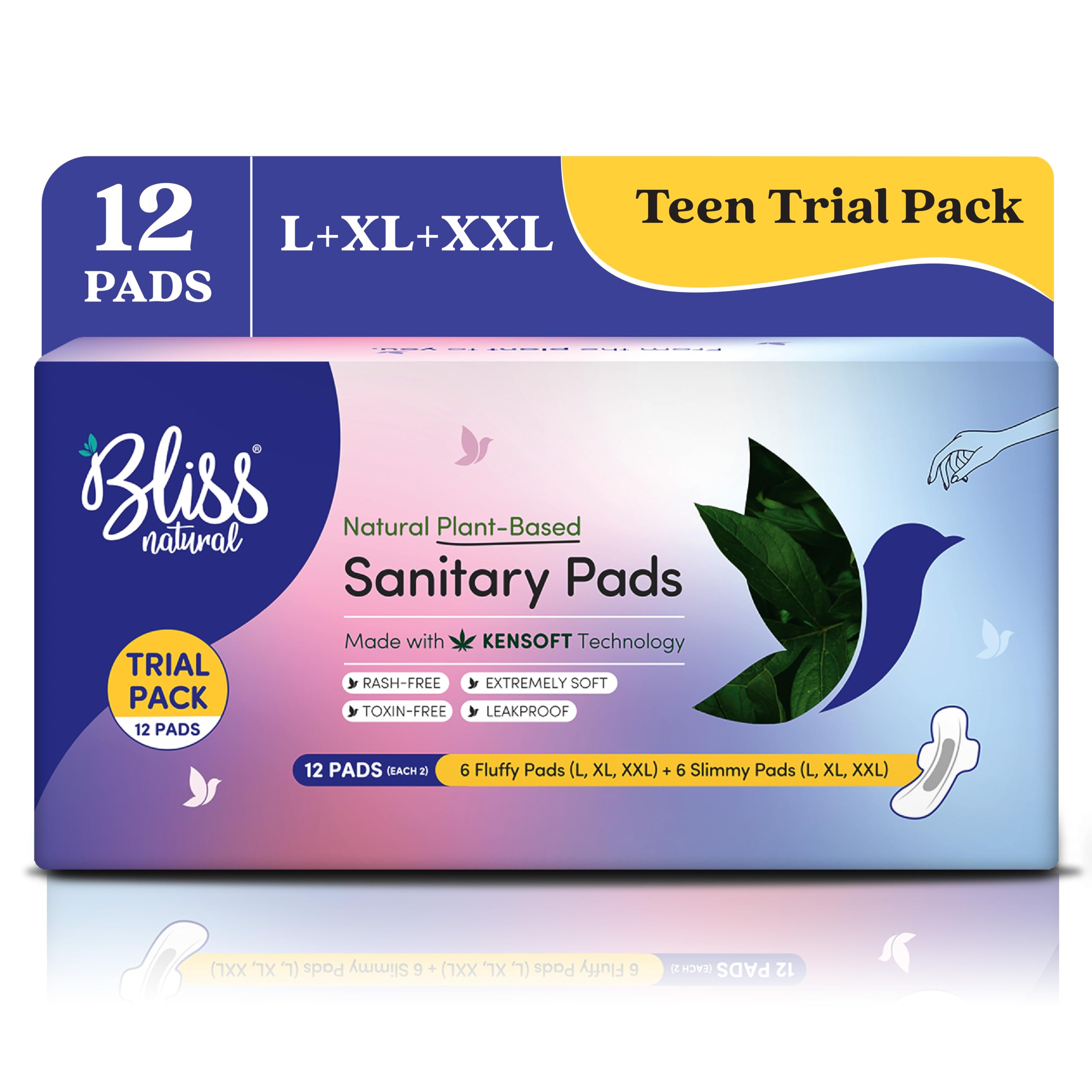 BLISSNATURAL Organic Sanitary Pads Trial Pack - 12 Sanitary Napkins for Light to Heavy Flow 6 Fluffy Ultra Soft Pads (2L, 2Xl, 2Xxl) + 6 Slimmy Ultra Thin Pads (2L, 2Xl, 2Xxl)-image-10