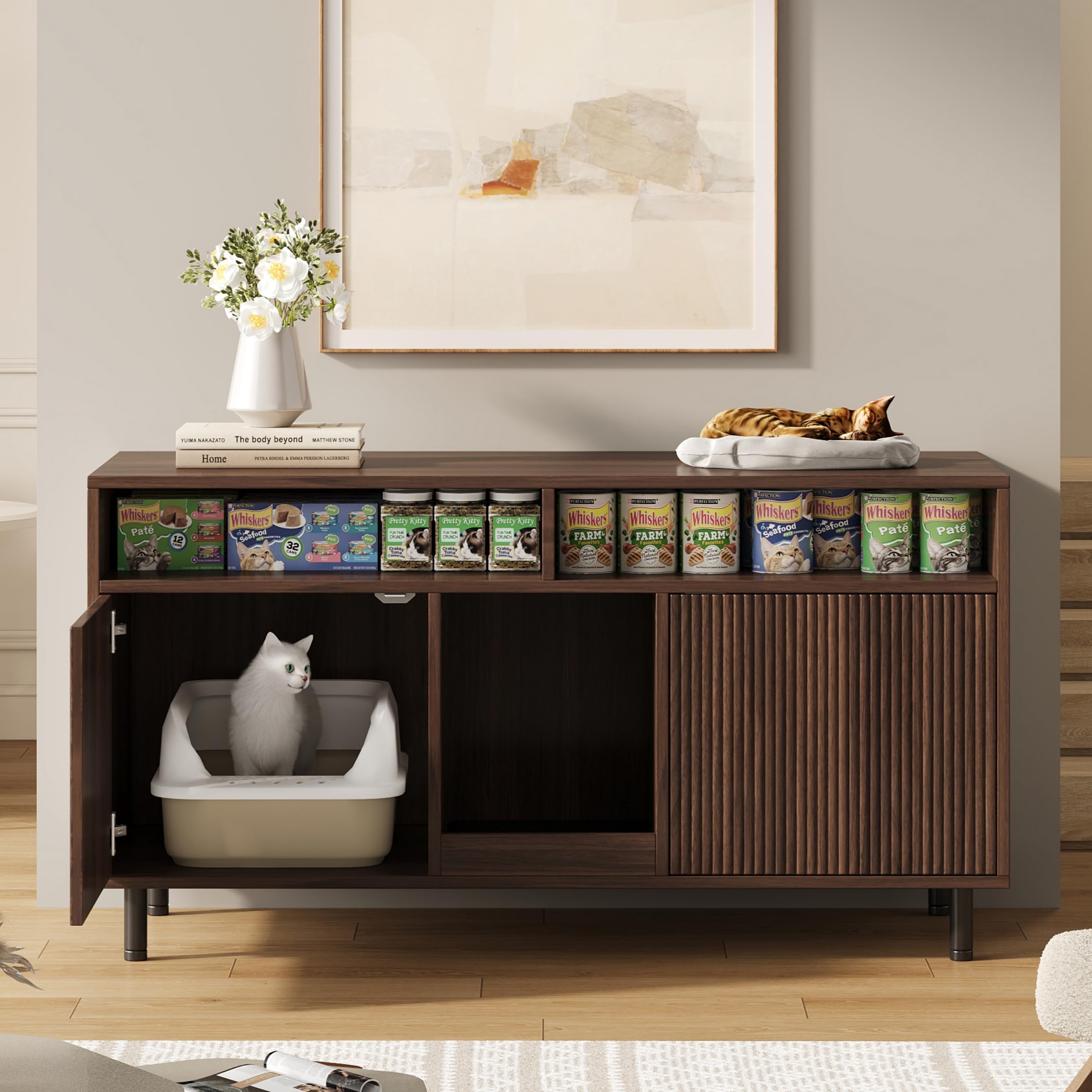 Meuble animal de compagnie pour salon en noyer avec rangement litière et tapis BTM
