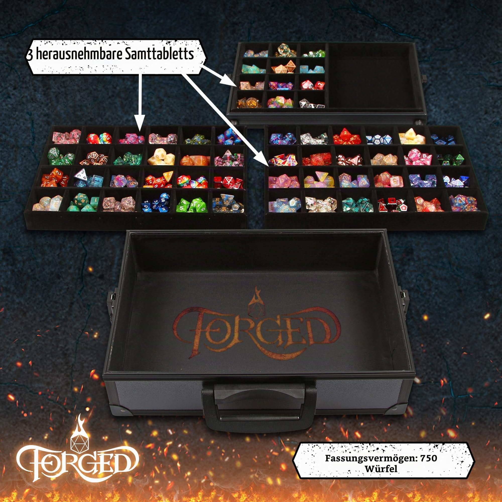 Forged Dice Co. Würfelvitrine und Rolltablett mit 3 herausnehmbaren geteilten Würfelablagen – Aufbewahrungsbox für bis zu 720 polyedrische Würfelsets aus Metall oder Kunststoff – ideal für
