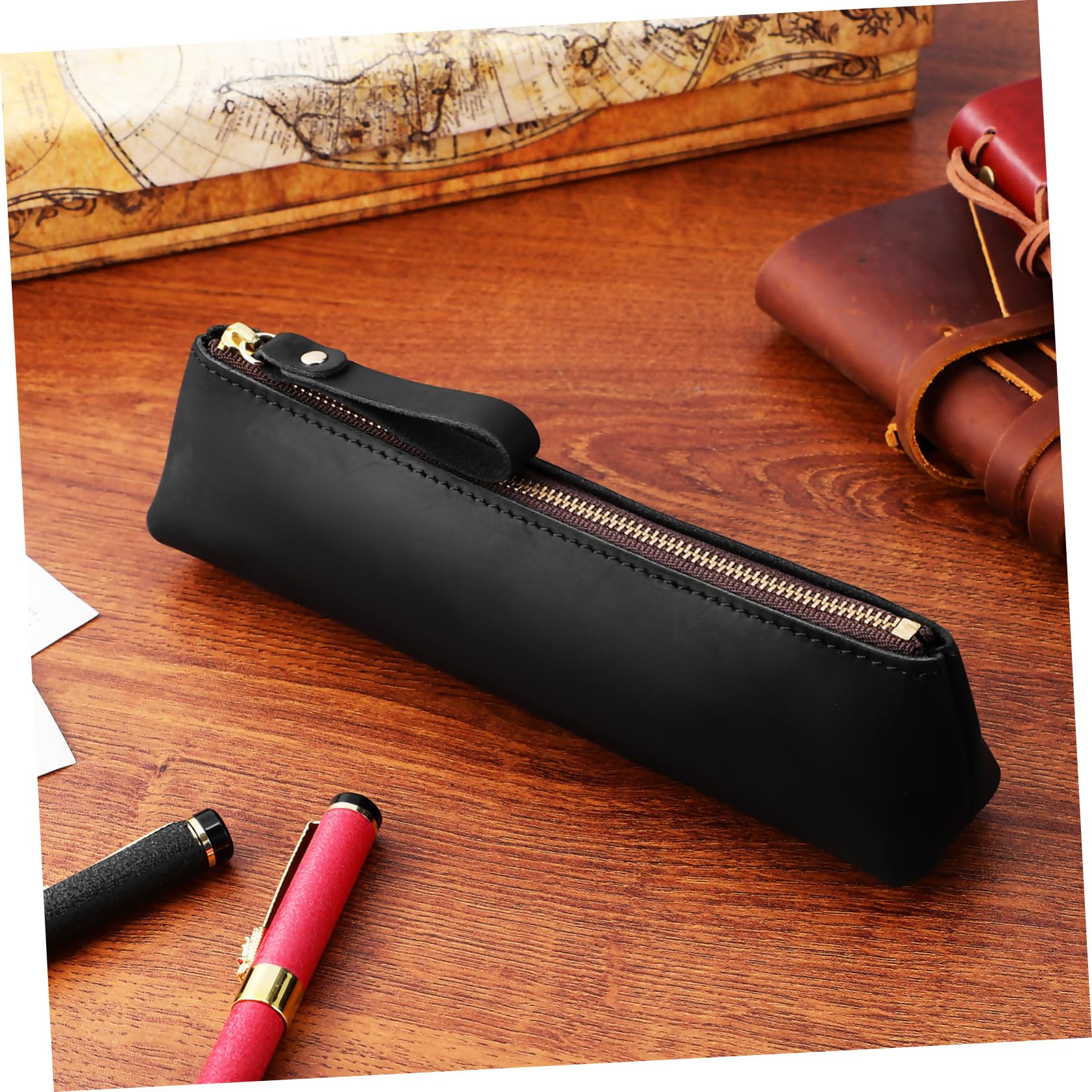 3pezzi Pouch Pelle Vintage Per Penne e Matite Astuccio Elegante e Pratico Per Cancelleria Portapenne Pelle Nera Per Studenti e Professionisti