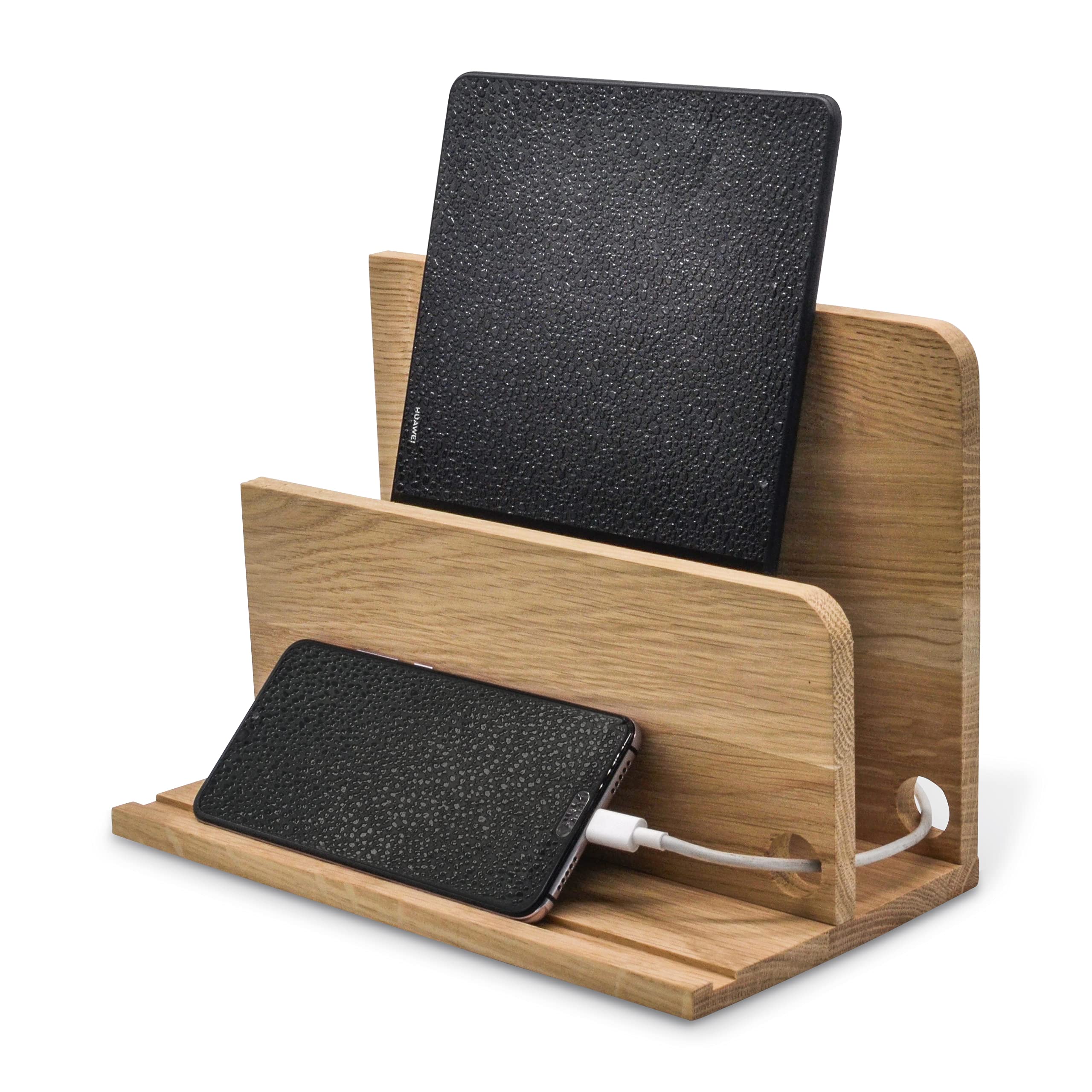 Briefablage Schreibtisch Organizer - Maestro - Tablet & Smartphone Ladestation Handy Briefhalter aus Holz (Eiche unbehandelt)