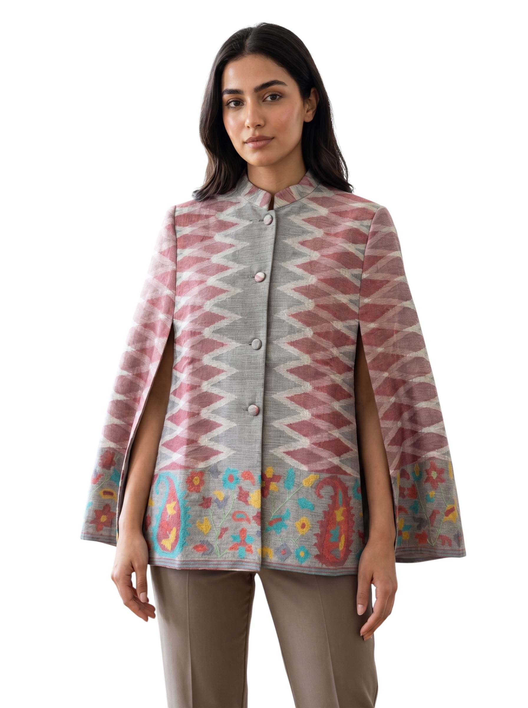 Women’s Premium Kani Cape Coat | Kashmiri Woven Wool Blend Designer Cape Jacket | Sleeveless Button Front Winter Cape | Elegant Ethnic Outerwear for Women-picture-28