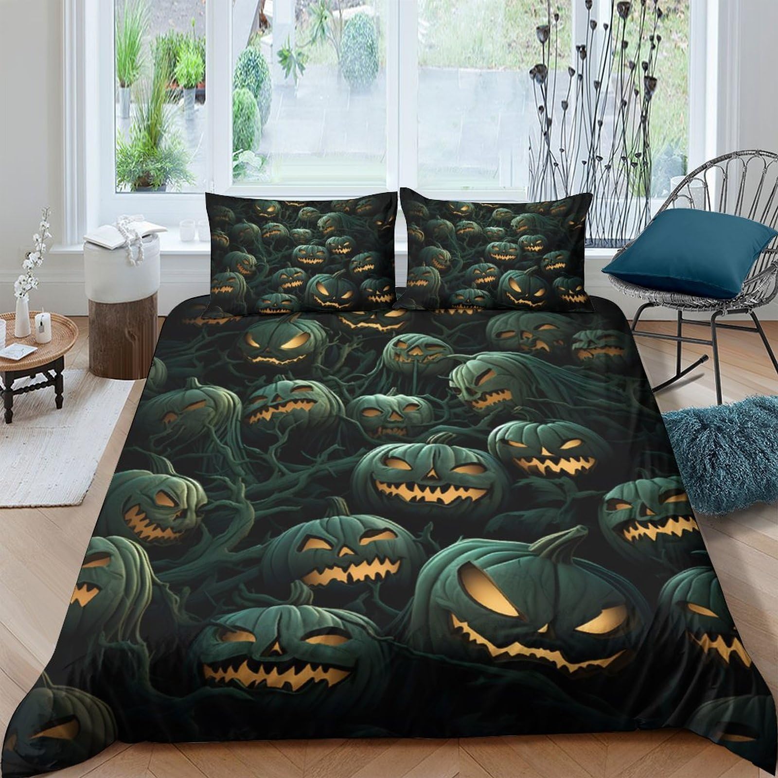GPLZQXKJNH 3D Printed Halloween Pumpkin Duvet Cover Microfiber Soft Breathable Haunted Night Bedding Set with 2 Pillowcases for Bedroom Decor Single（135x200cm）