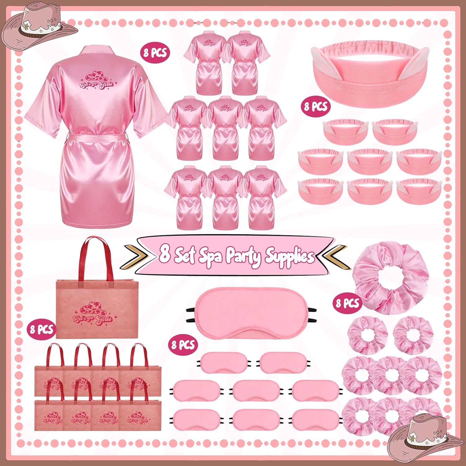 8 Sets Spa Party Supplies for Girls, Pink Satin Robes Headbands Tote Bags, Cowgirl Slumber Sleepover Birthday Party Favors, Nail Salon Decorations Gift Set for Kids Themed Celebration