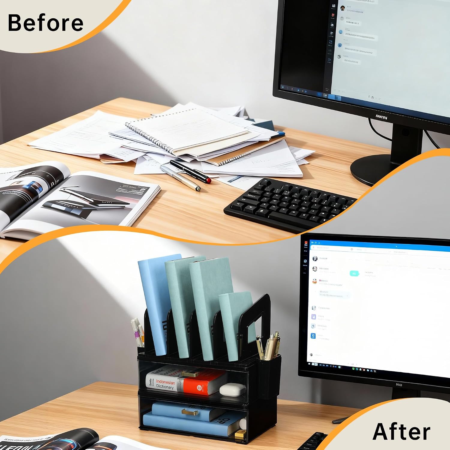 CiWiVOKi Desk Organizer with 4 File Slots and 2 Drawers, Black image 4