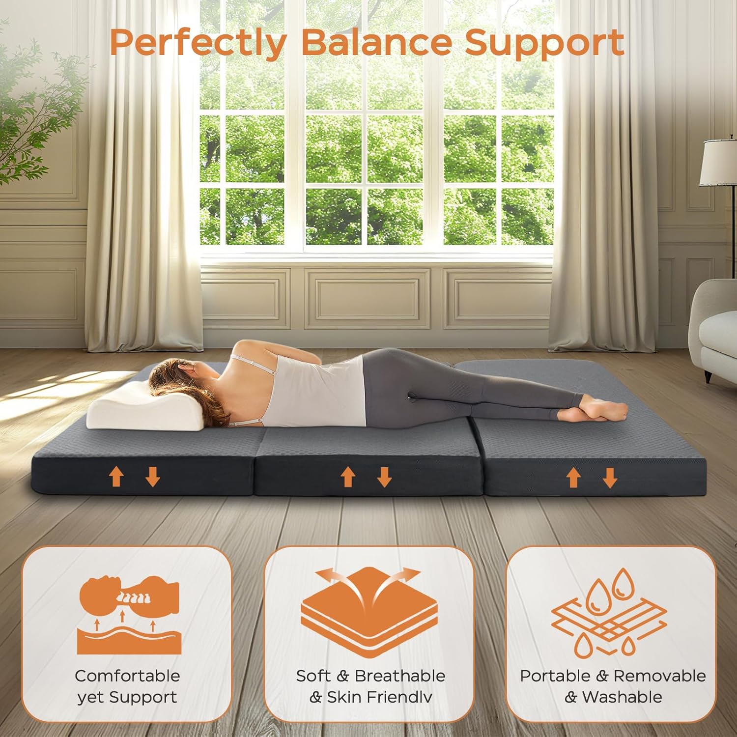 Tri Folding Mattress Queen Size - Memory Foam Tri-fold Handle & Non-Slip Bottom, Portable Foldable Sofa Bed Floor Chair for Travel RV Camping Guest Yoga - 6 Inch, 78"x58"x6"